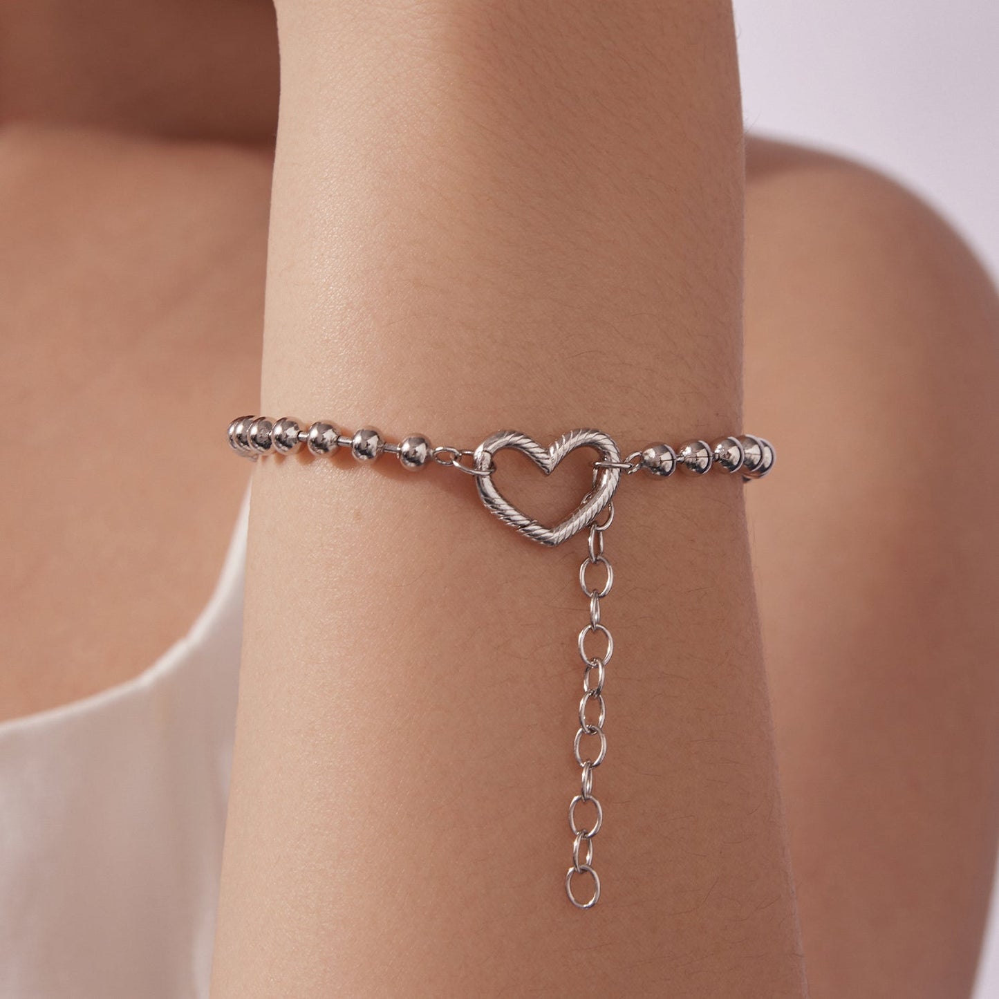 925 Sterling Silver 16+5cm White Gold Plated Heart Bracelet for Women