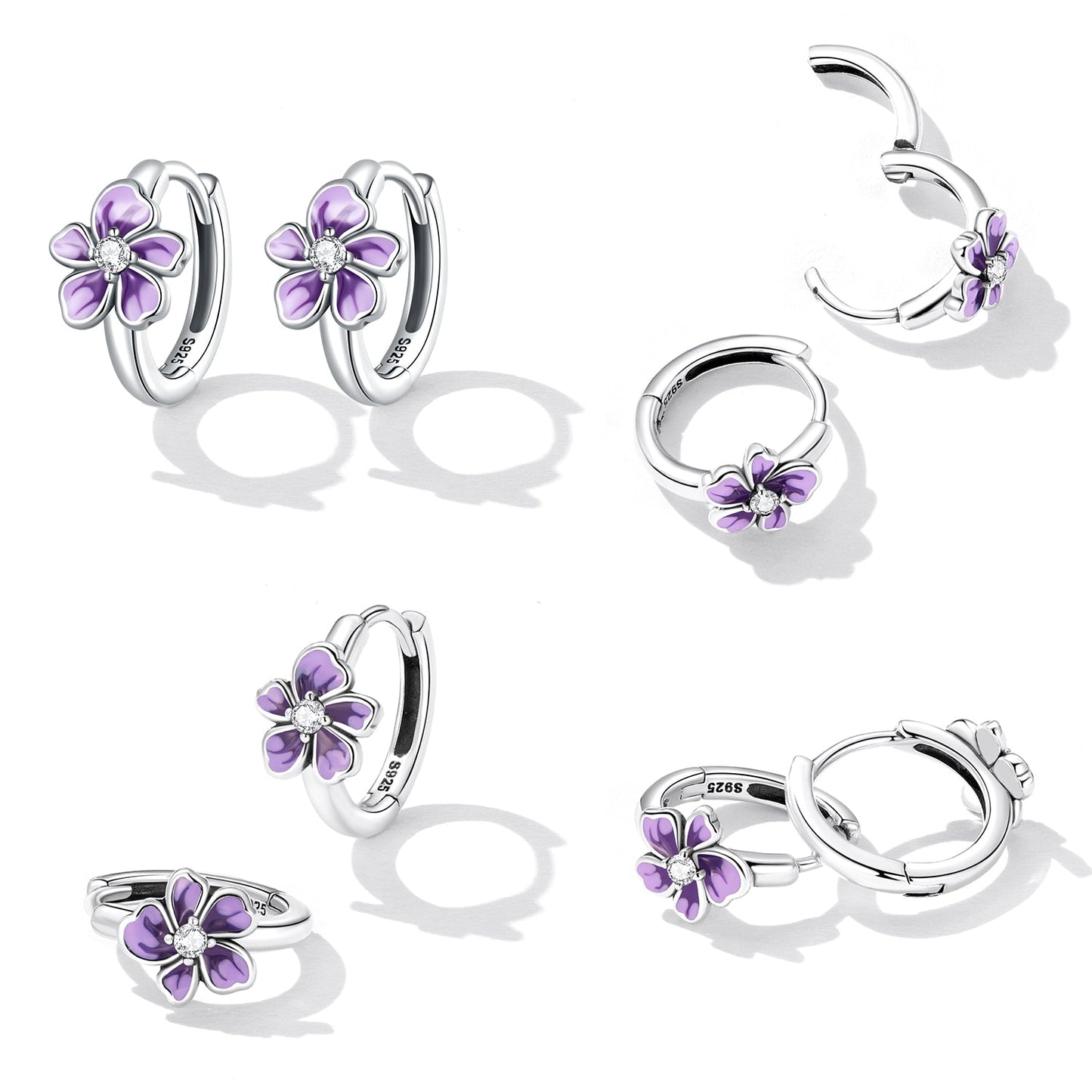 925 Sterling Silver Enamel Earrings with CZ - 1.2x0.7cm, Oxidized Finish for Women