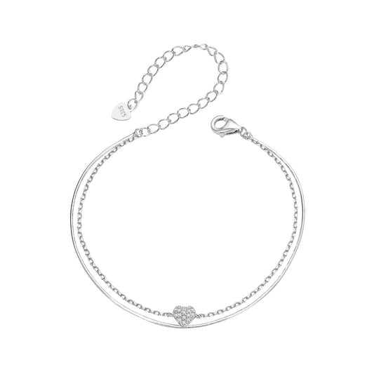 925 Sterling Silver White Gold Plated Heart-Shaped Bracelet with CZ, Length 150+60mm