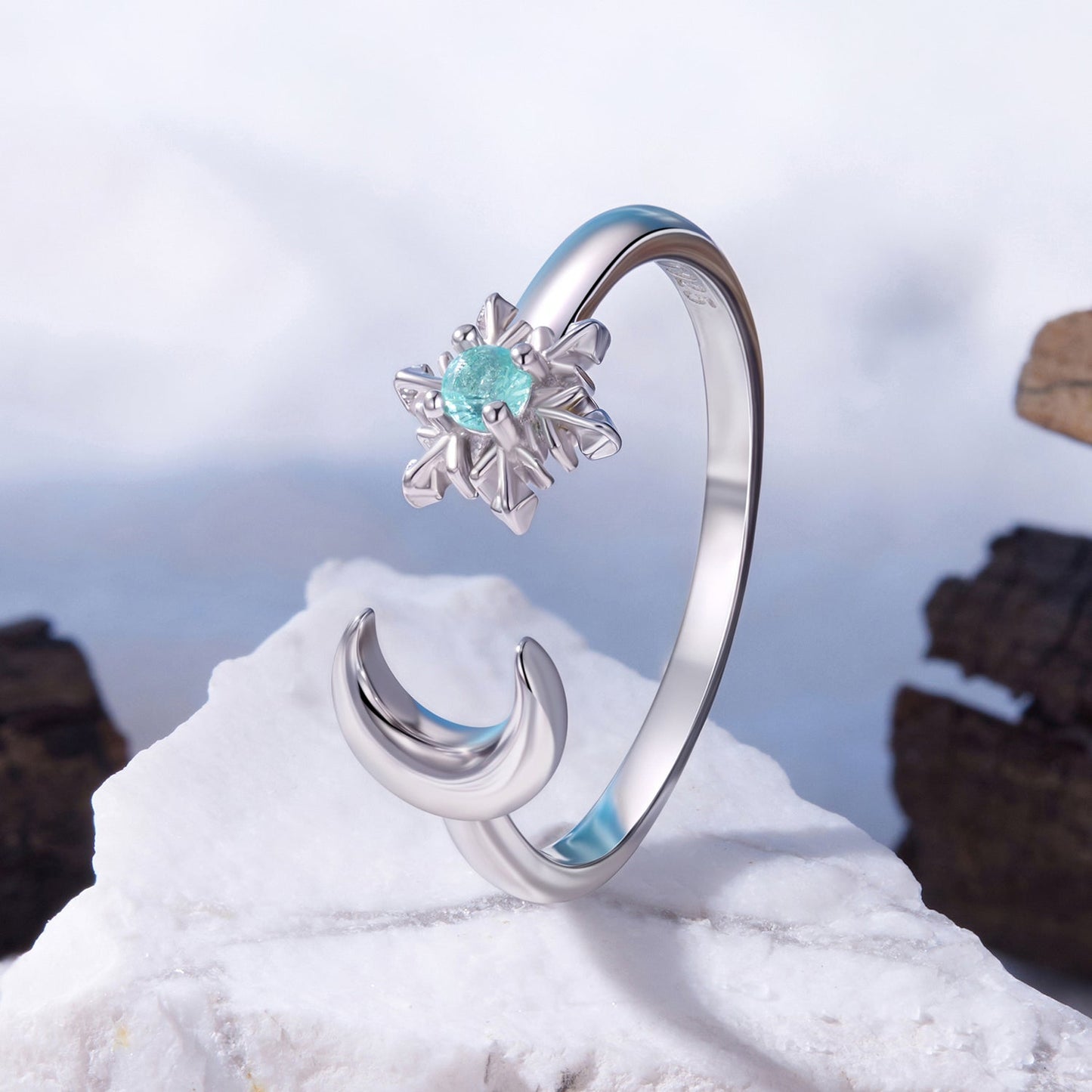 925 Sterling Silver Ring with Glass Snowflakes and Moon for Women