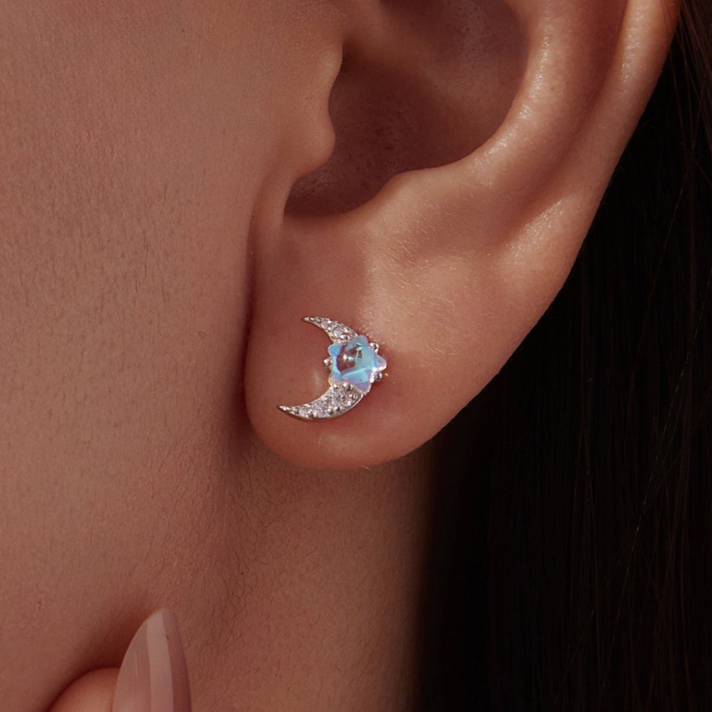925 Sterling Silver White Gold Plated Moonstone & CZ Earrings
