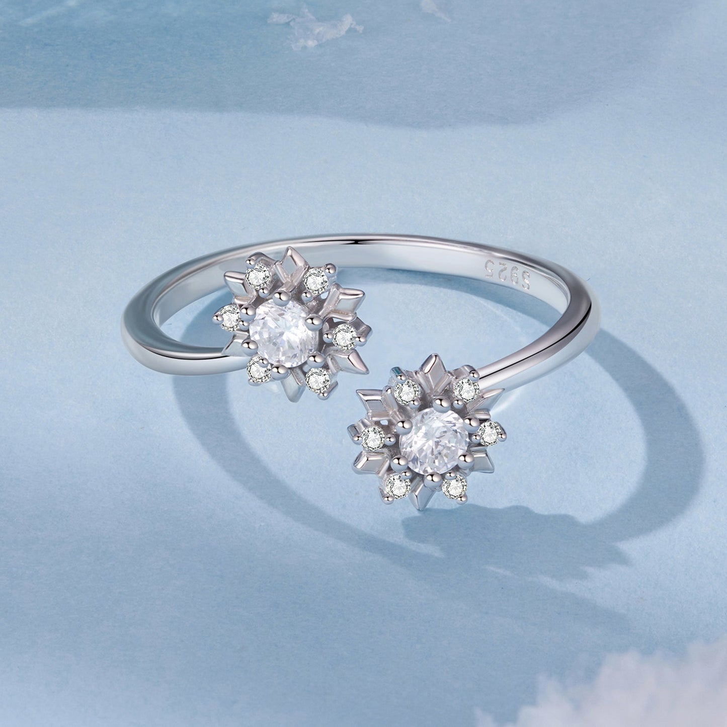925 Sterling Silver Snowflake Ring with Pavé CZ in White Gold for Women
