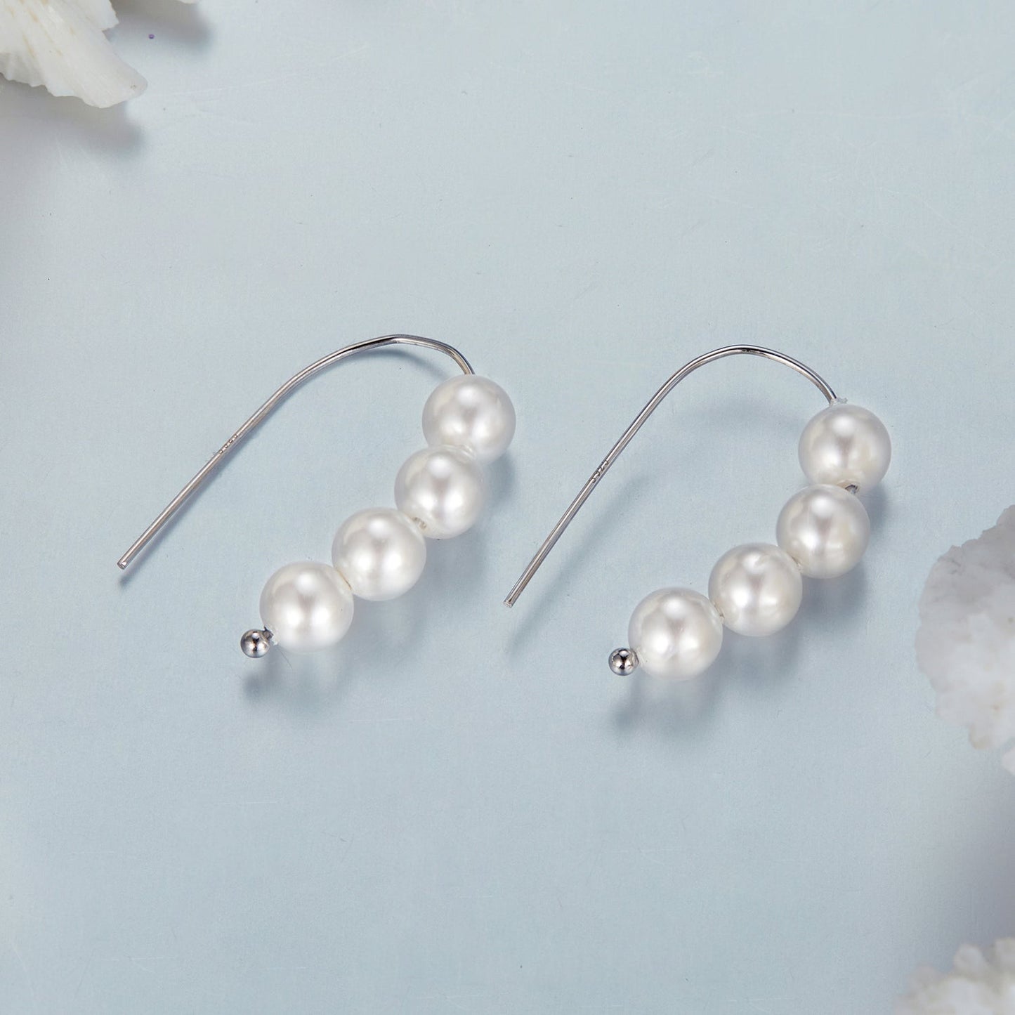 925 Sterling Silver White Gold Plated Earrings with Quality Shell Pearl, 2.1*0.5cm for Women