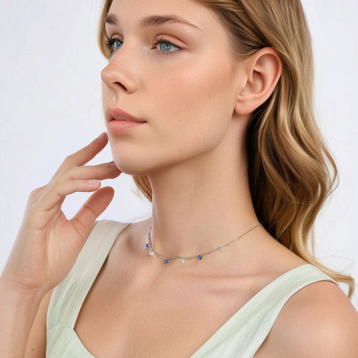 925 Sterling Silver & White Gold Plated Adjustable Layered CZ Necklace for Women