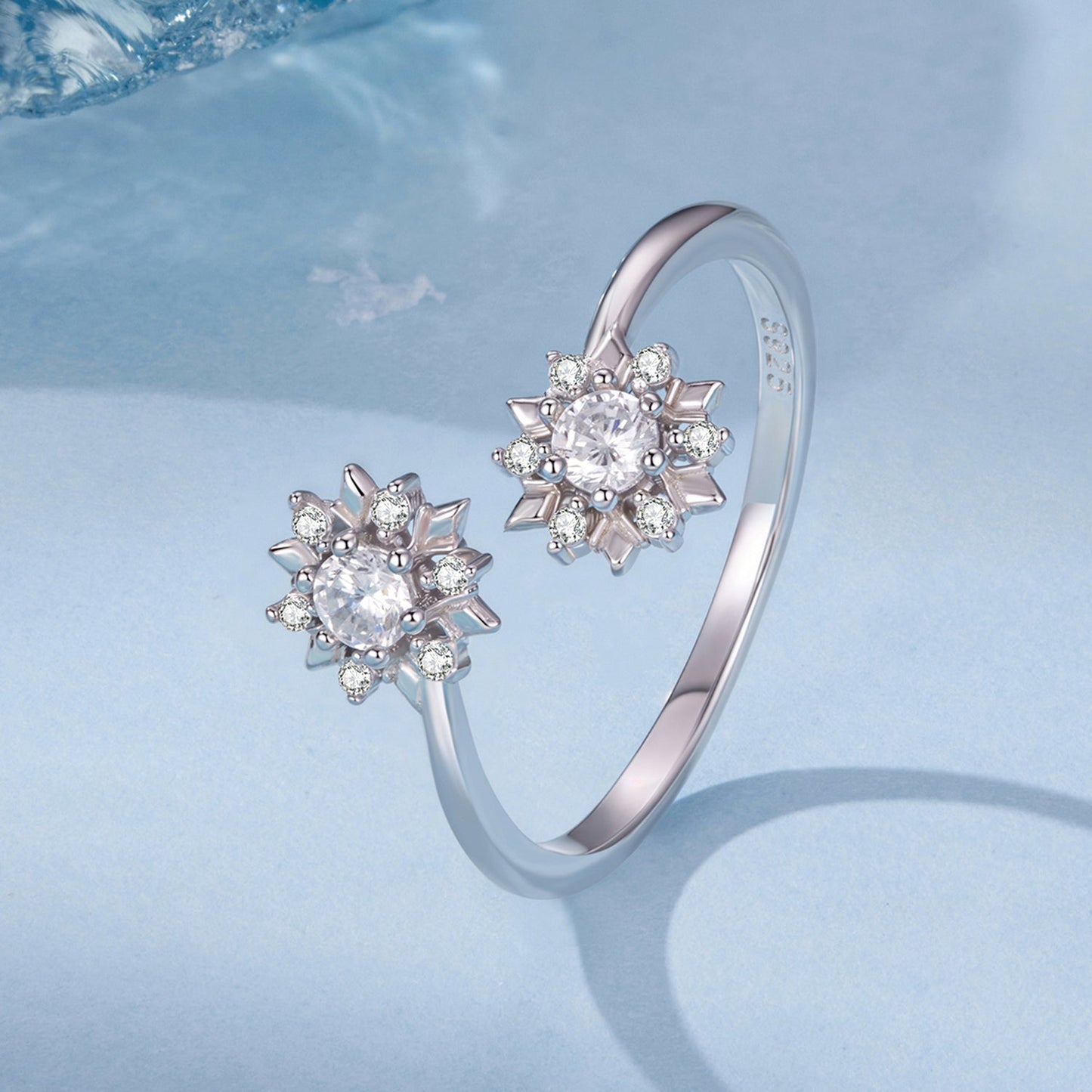 925 Sterling Silver Snowflake Ring with Pavé CZ in White Gold for Women