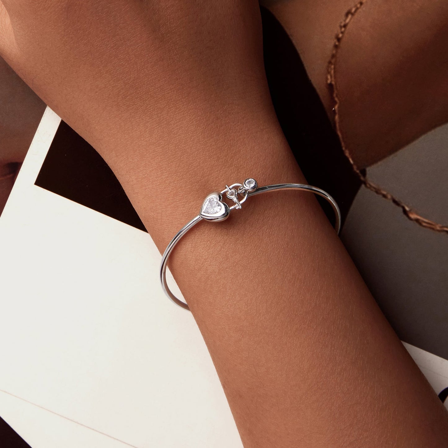 925 Sterling Silver Bracelet with CZ, 17mm, White Gold Plated, For Women