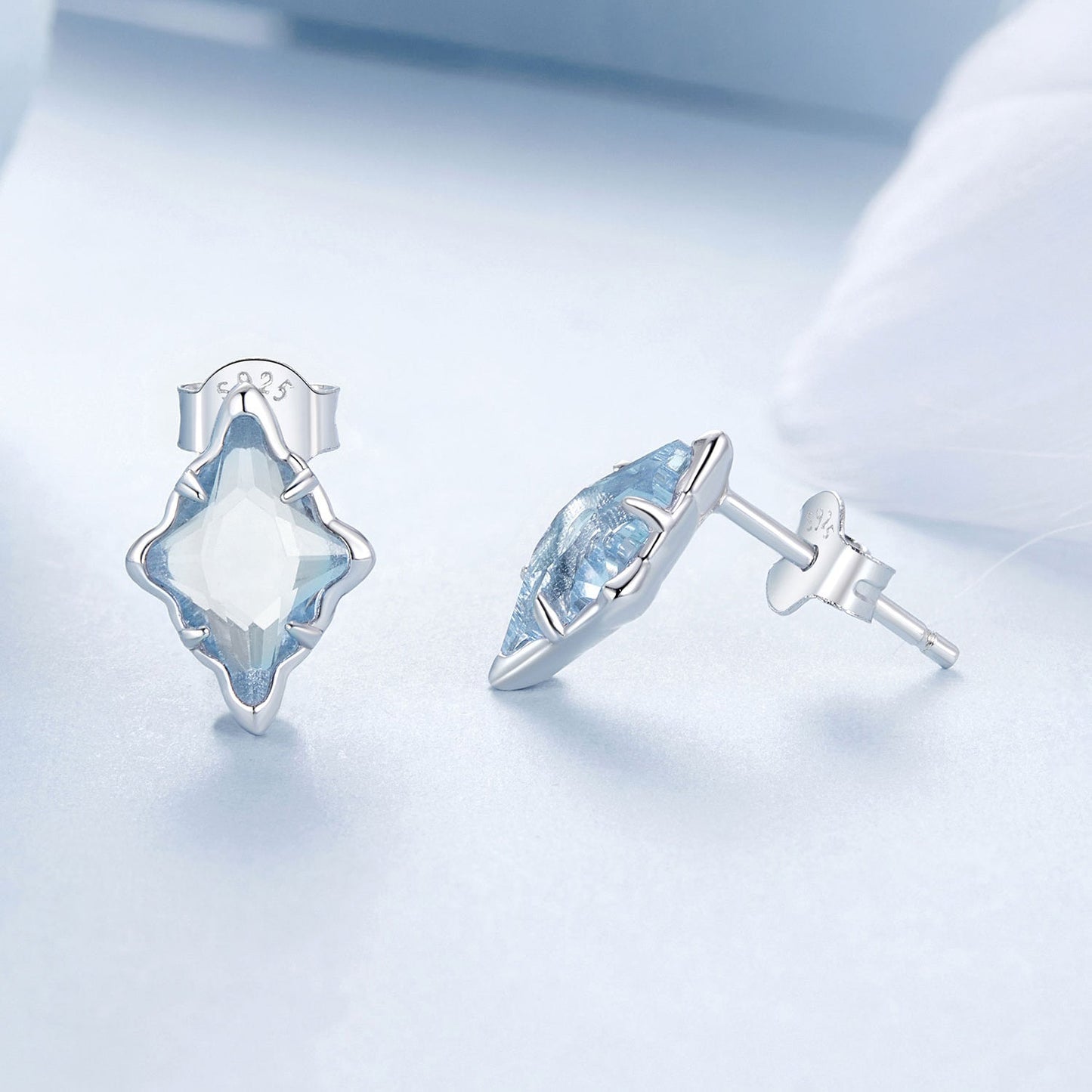 925 Sterling Silver Earrings with Transparent Glass and White Gold Plating