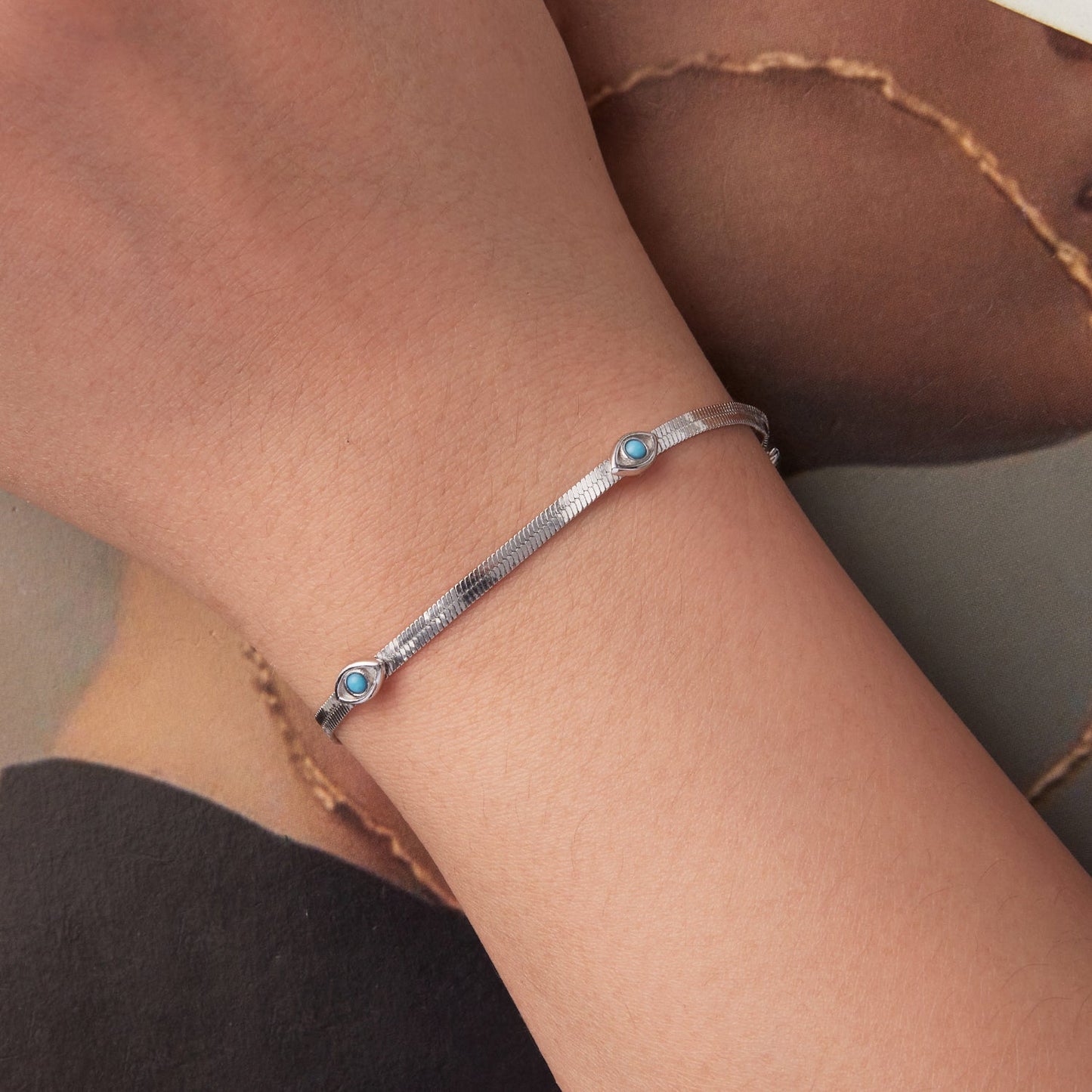 925 Sterling Silver White Gold Plated Multi-Layer Bracelet with Synthetic Turquoise