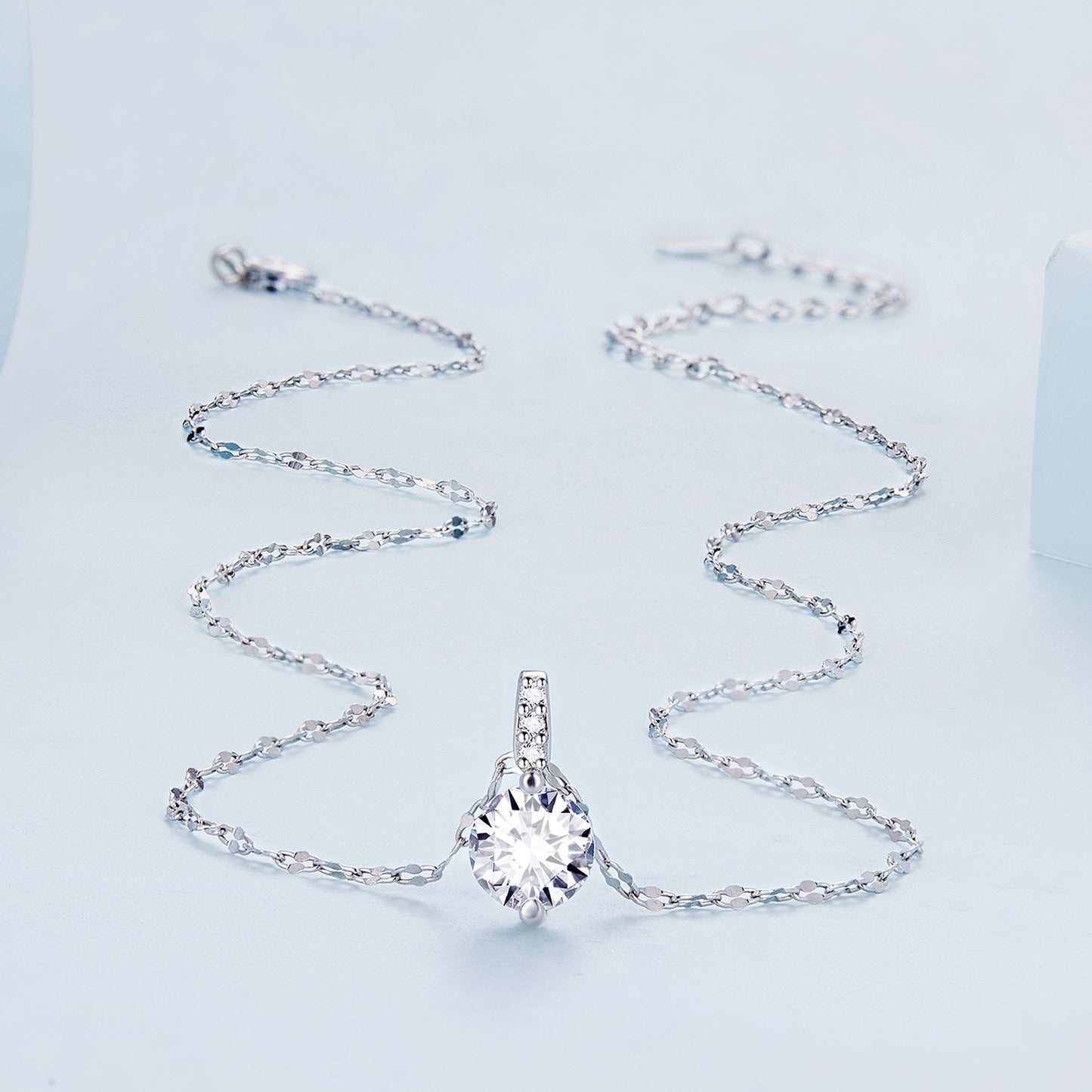 925 Sterling Silver Necklace with Pavé Setting CZ - Adjustable Length, Platinum Plated - Women's Jewelry