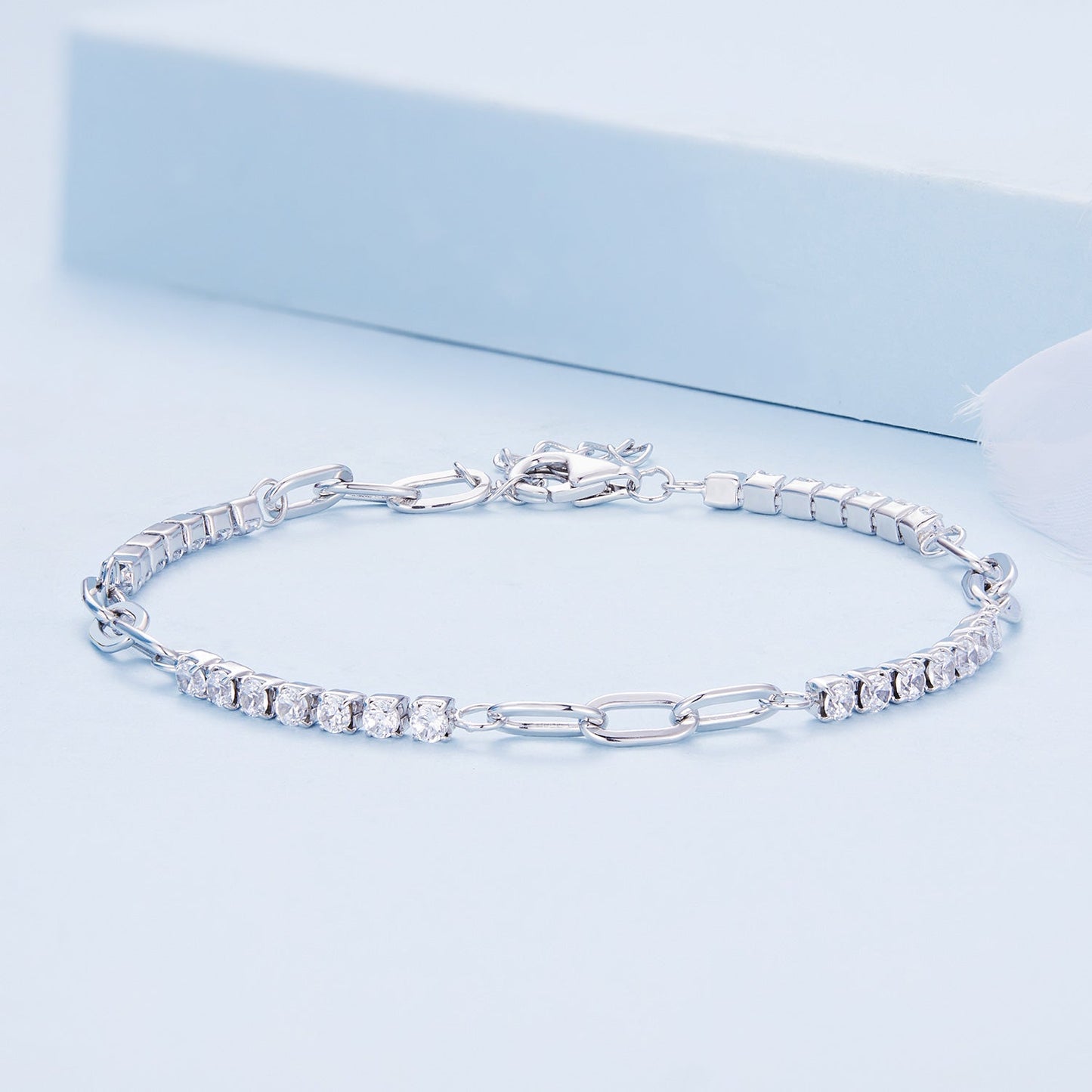 925 Sterling Silver Bracelet with Pavé Setting CZ, Platinum Plated, 14.5+3cm, for Women