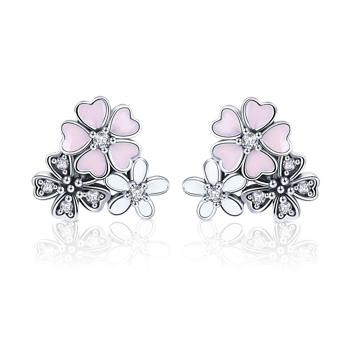 925 Sterling Silver Earrings with Pavé Setting, Oxidized Silver, Enamel - 1.0 x 1.1 cm for Women