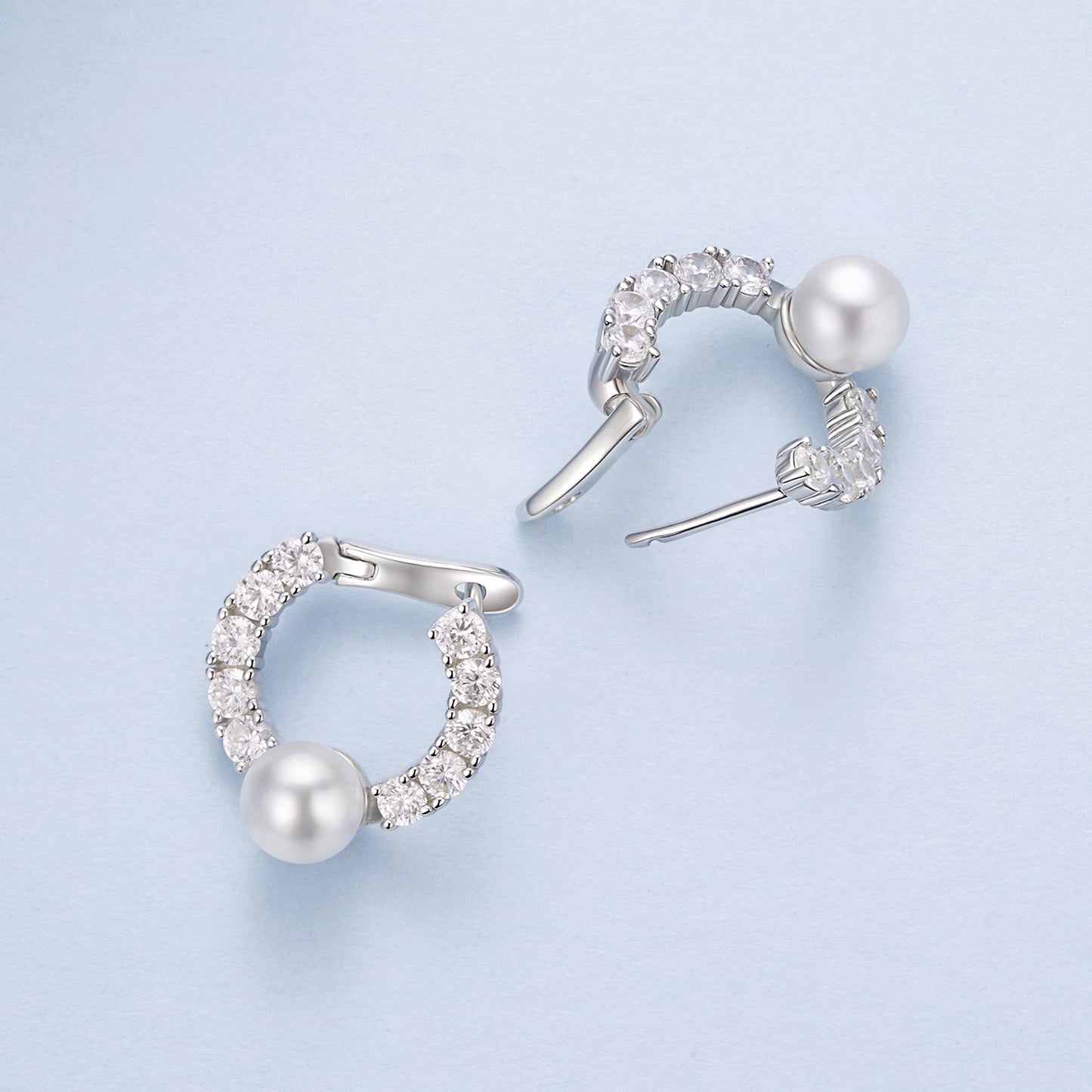 925 Sterling Silver White Gold Plated 1.6cm Hoop Earrings with Synthetic Pearl for Women