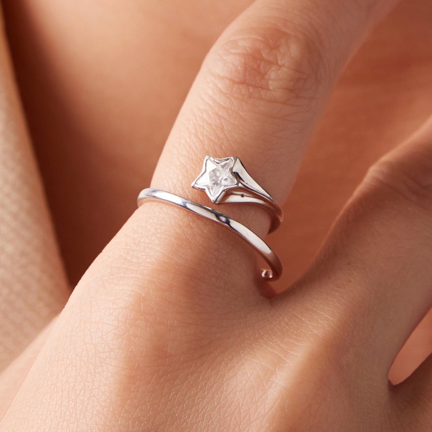 925 Sterling Silver White Gold Plated Pavé CZ Star Ring for Women