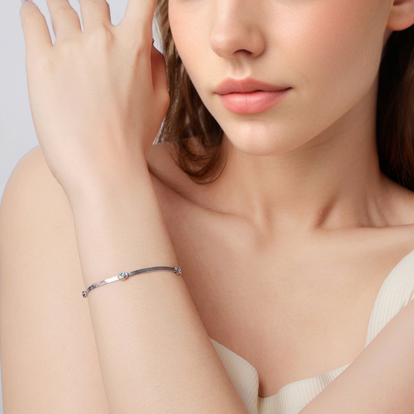 925 Sterling Silver White Gold Plated Multi-Layer Bracelet with Synthetic Turquoise