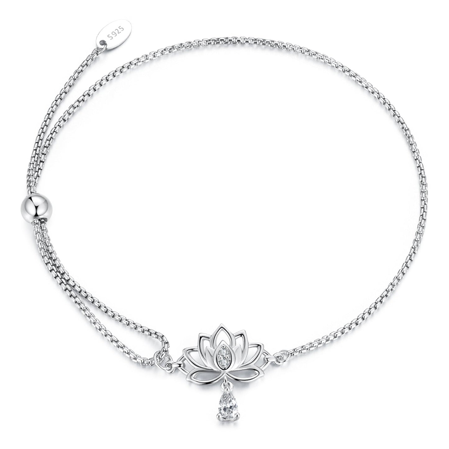 925 Sterling Silver Adjustable Chain Bracelet with White Gold Plating and CZ for Women