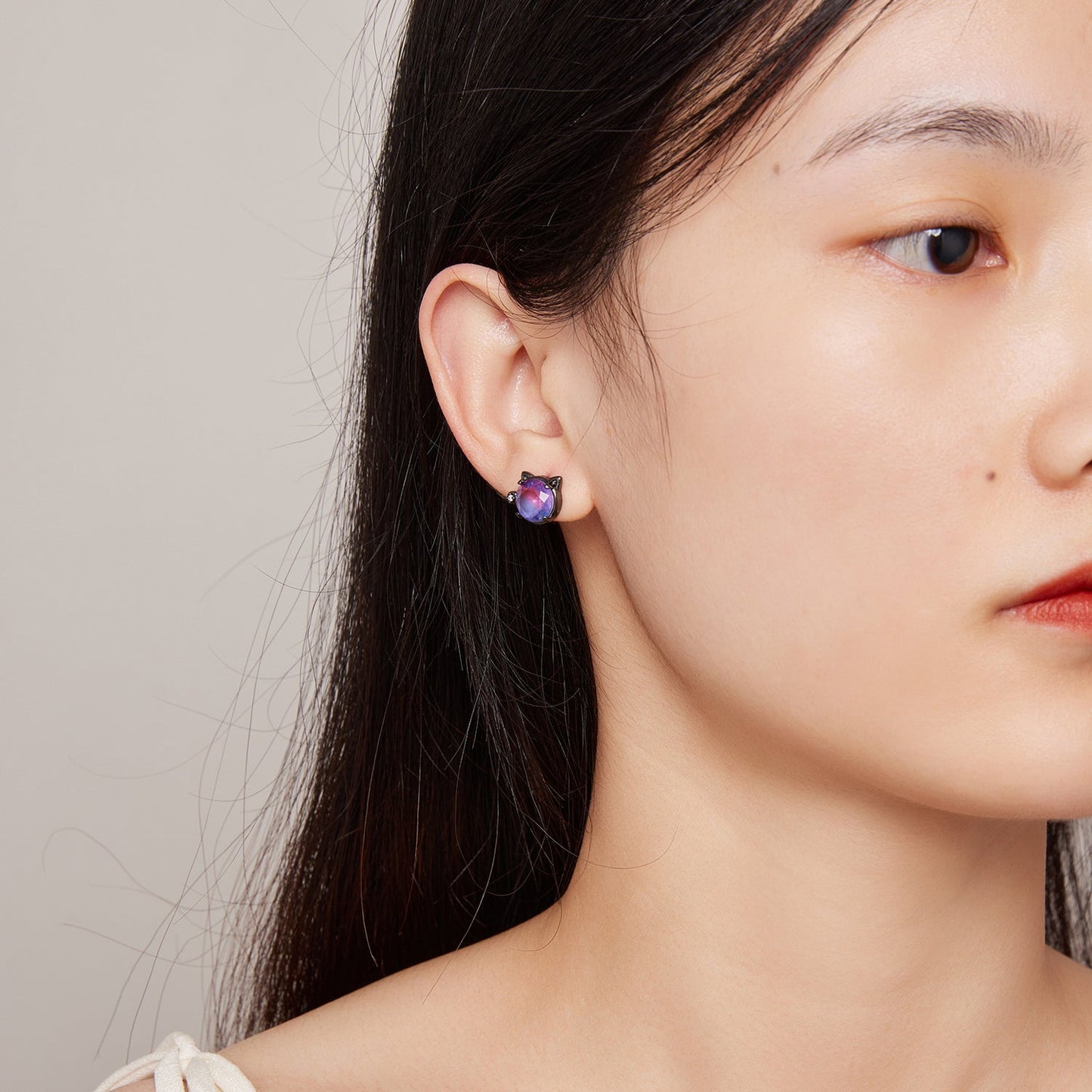925 Sterling Silver Earrings with Pavé CZ and Transparent Glass in Black Gold, 1.0*1.2cm, for Women