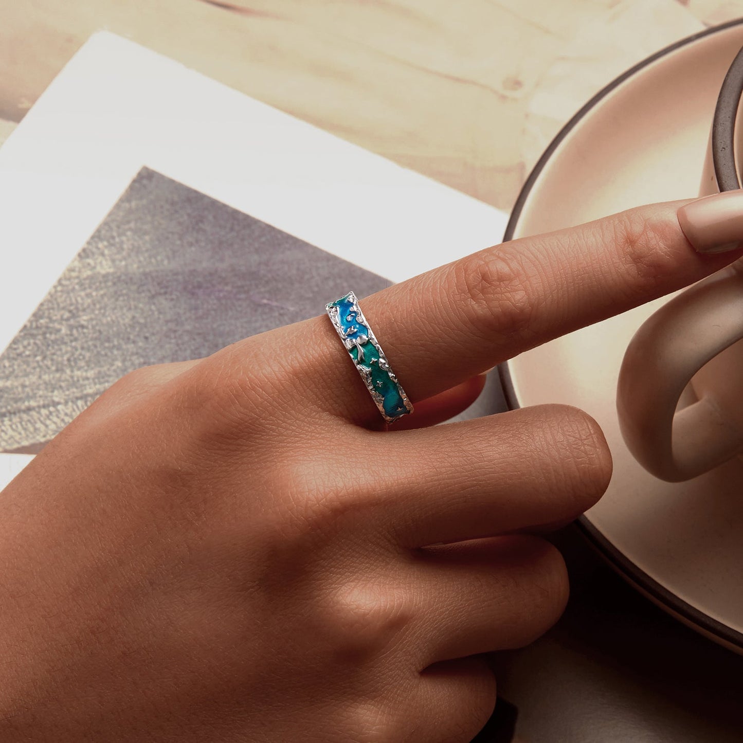 925 Sterling Silver Enamel White Gold Plated 5mm Ring