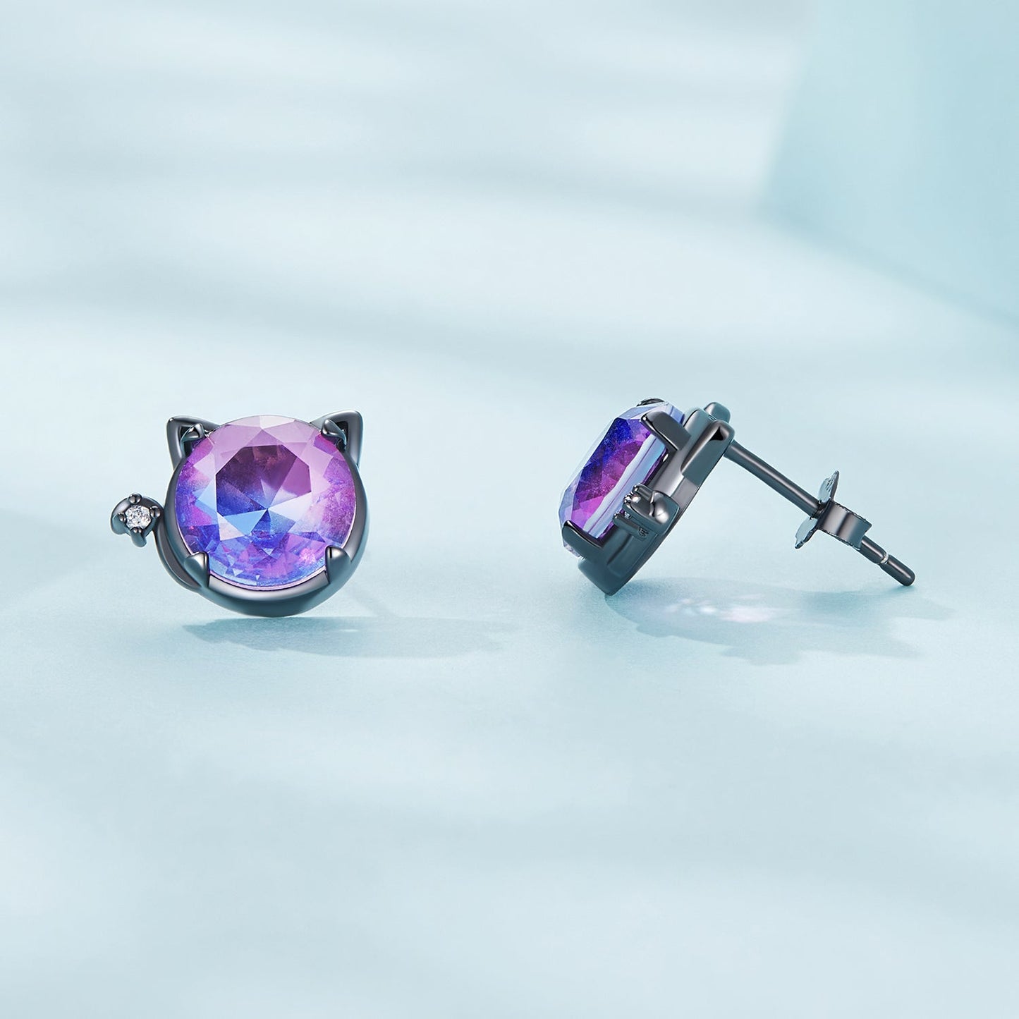 925 Sterling Silver Earrings with Pavé CZ and Transparent Glass in Black Gold, 1.0*1.2cm, for Women