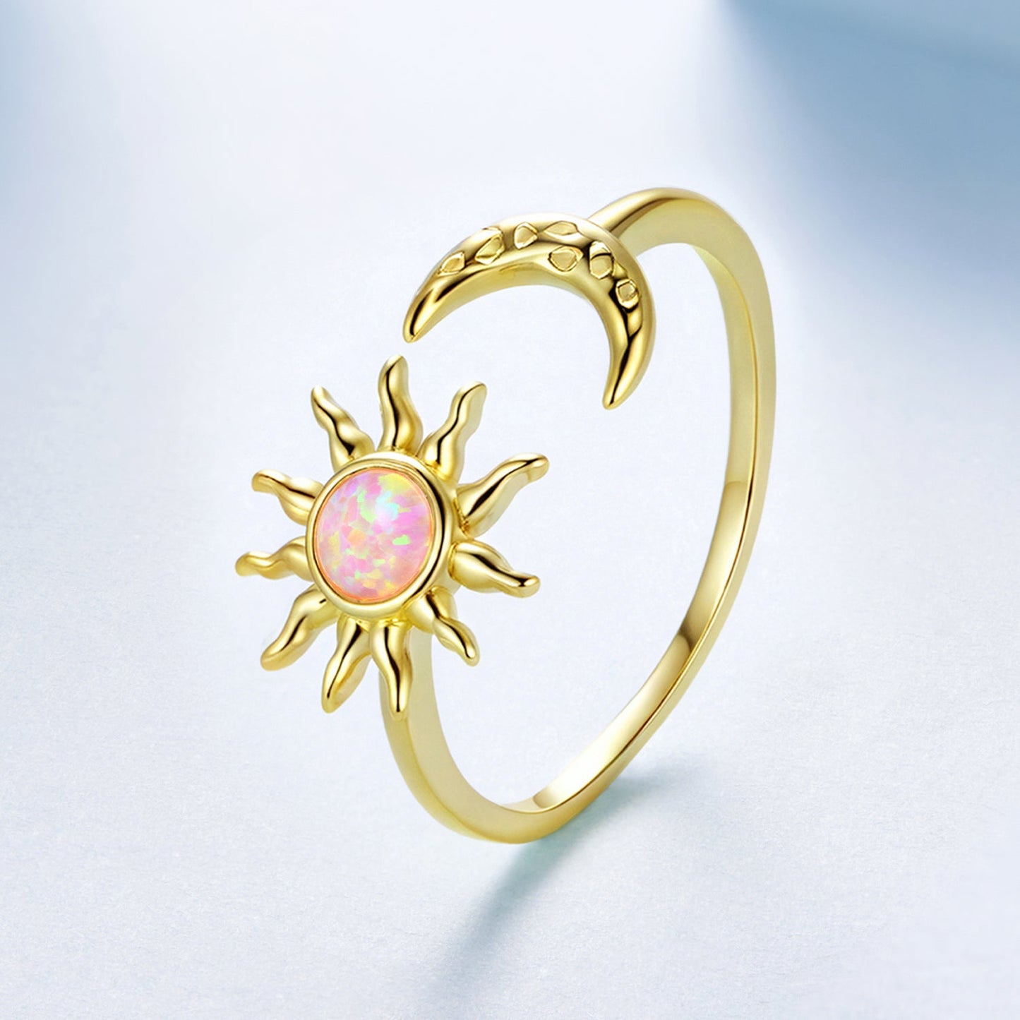 925 Sterling Silver Gold Plated Ring with Synthetic Opal Sun & Moon for Women