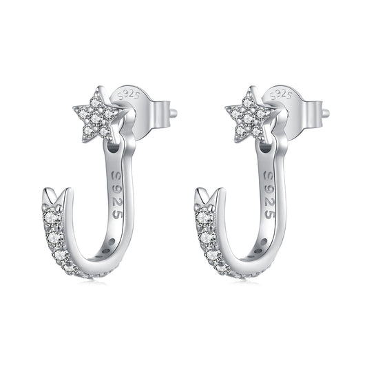 925 Sterling Silver CZ Earrings with White Gold Plating, 1.4x0.5cm for Women