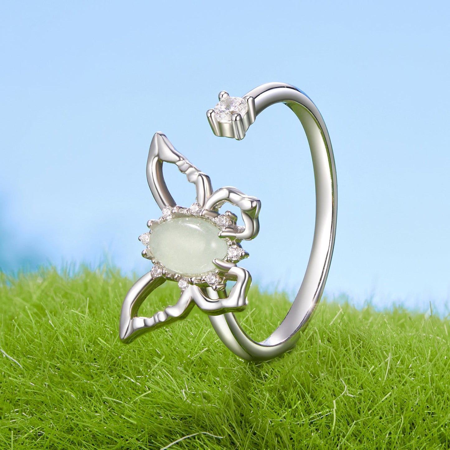 925 Sterling Silver & Natural Jade Pavé Setting Ring for Women