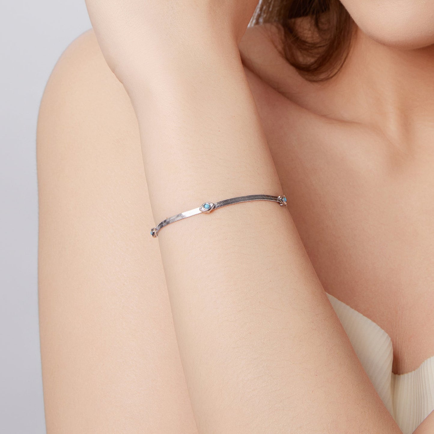 925 Sterling Silver White Gold Plated Multi-Layer Bracelet with Synthetic Turquoise