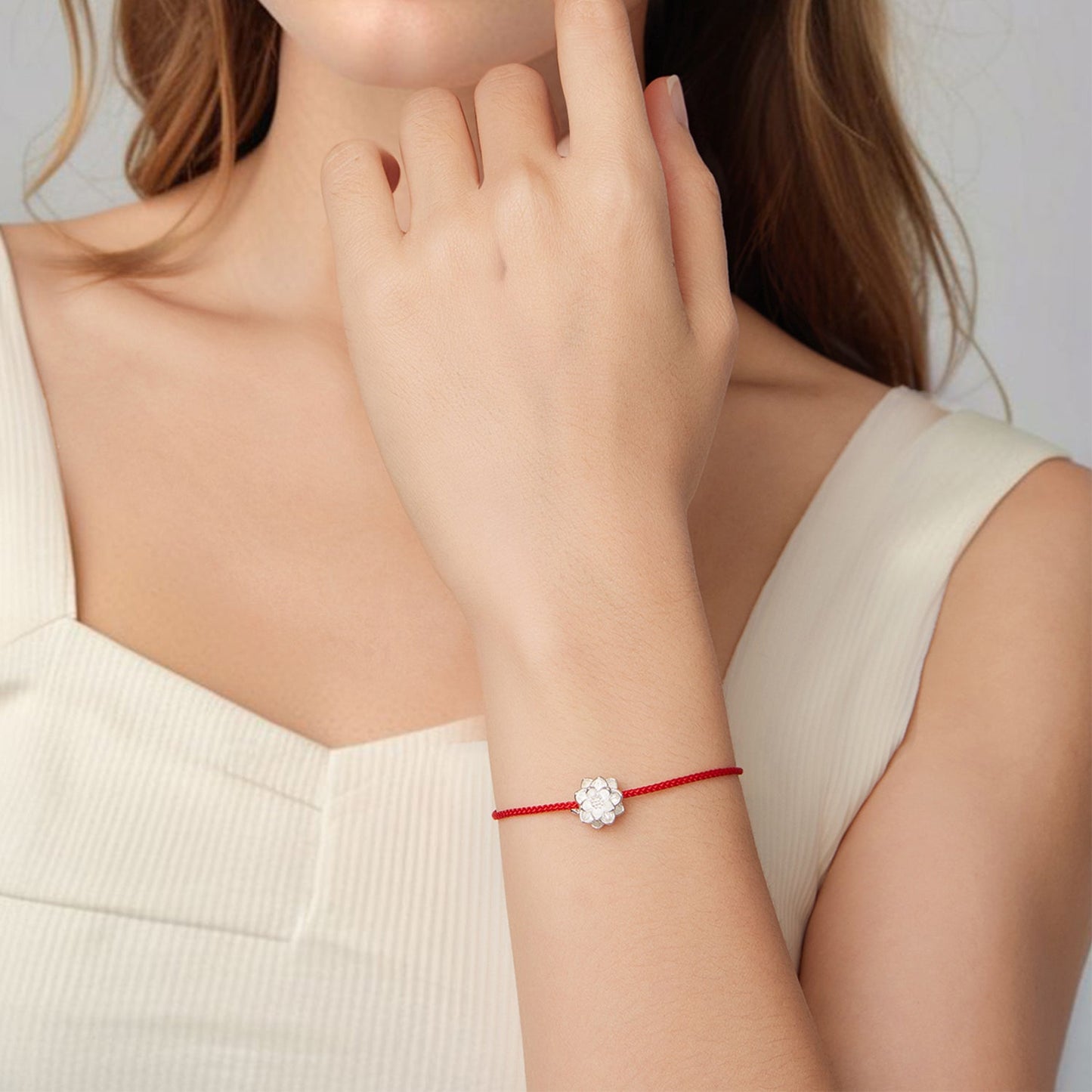 925 Sterling Silver Bracelet with White Gold Plating and Cotton Cord for Women