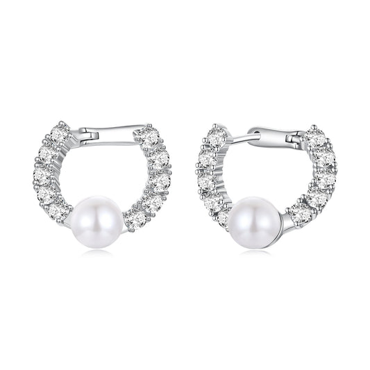 925 Sterling Silver White Gold Plated 1.6cm Hoop Earrings with Synthetic Pearl for Women
