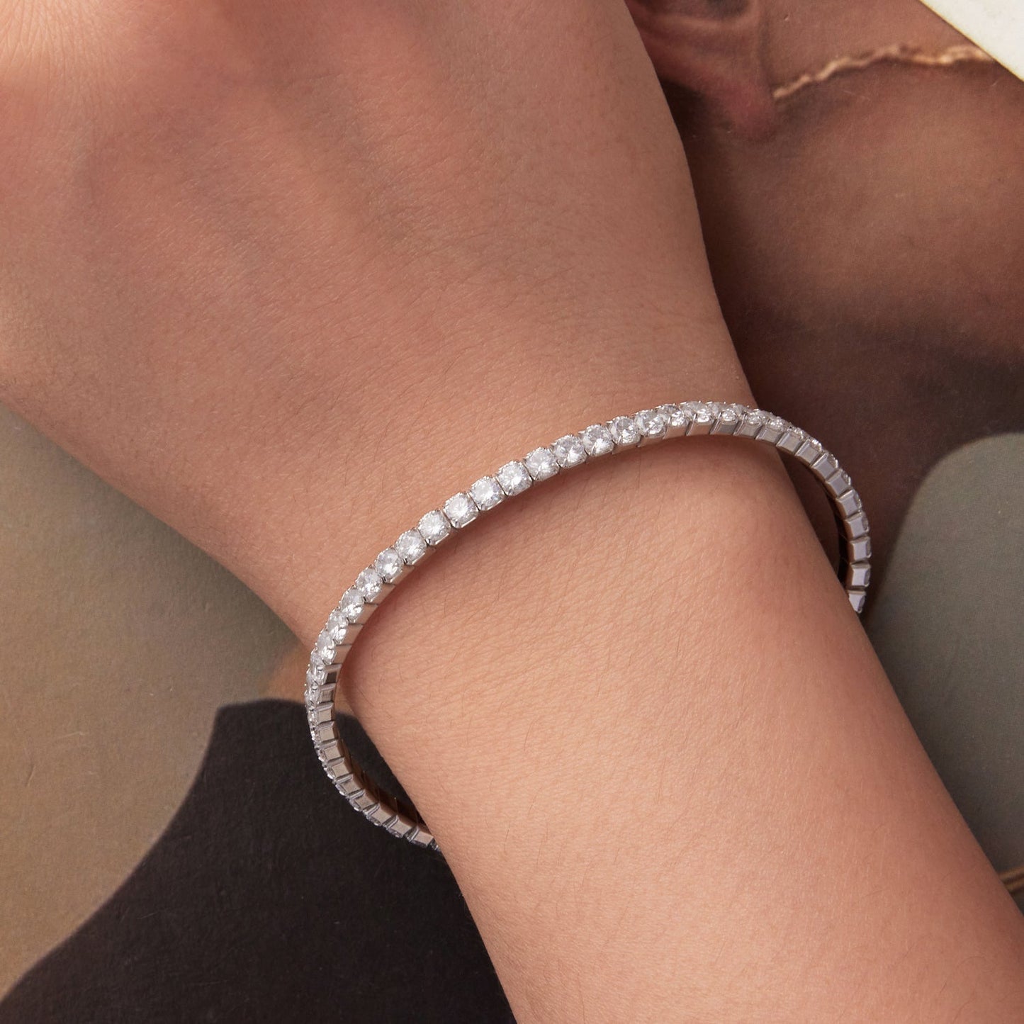 925 Sterling Silver White Gold Plated 16cm Stretchable CZ Bracelet for Women