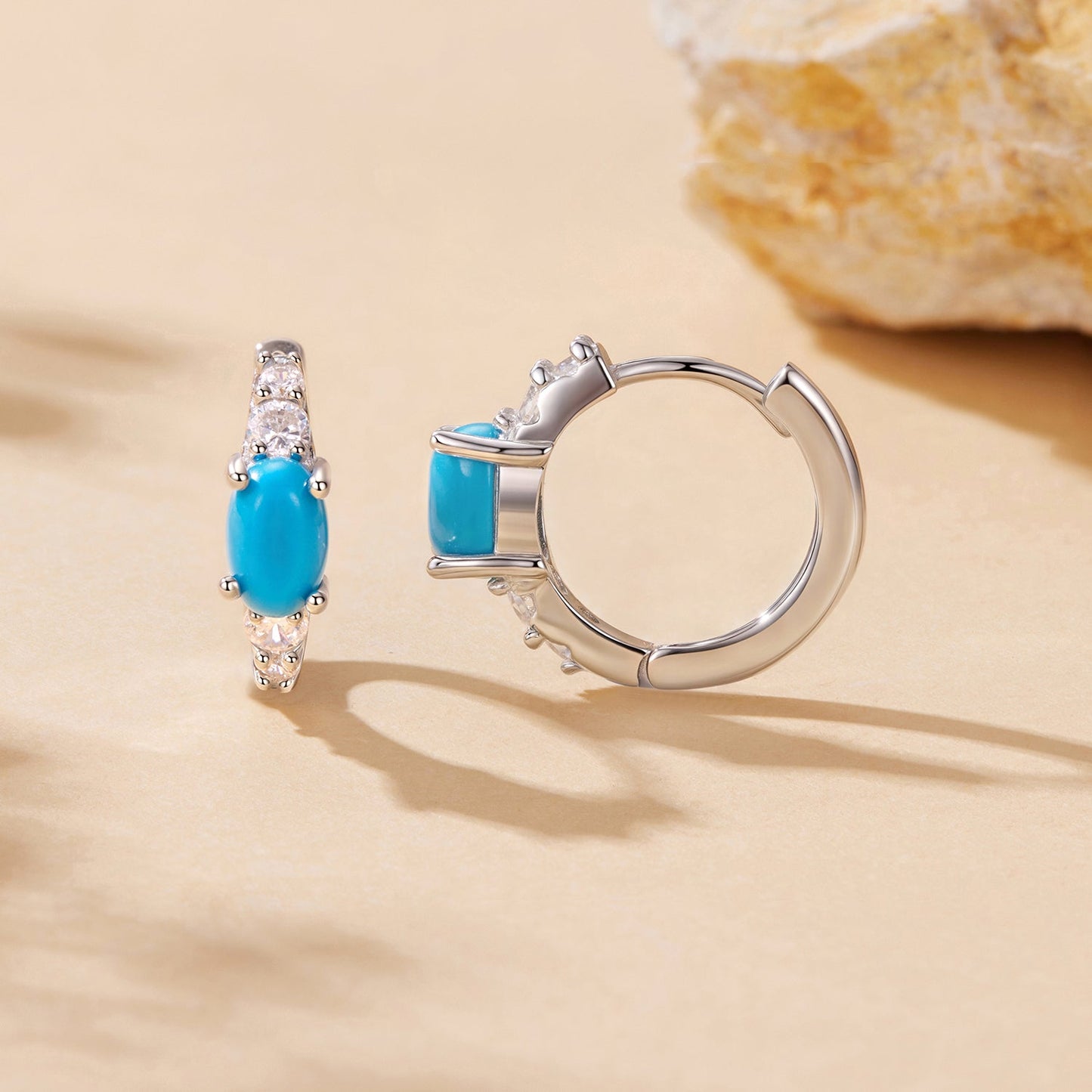 925 Sterling Silver Earrings with Synthetic Turquoise and CZ, White Gold Plated, 1.0cm Hoop for Women