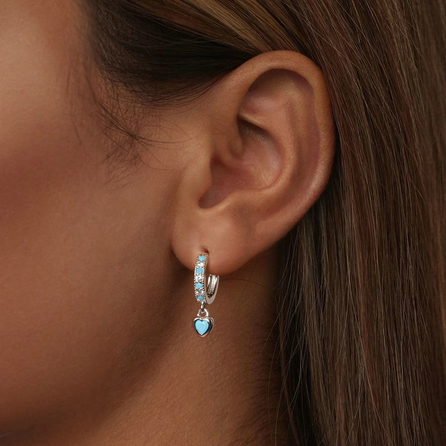 925 Sterling Silver Earrings with Synthetic Turquoise and CZ - White Gold Plated