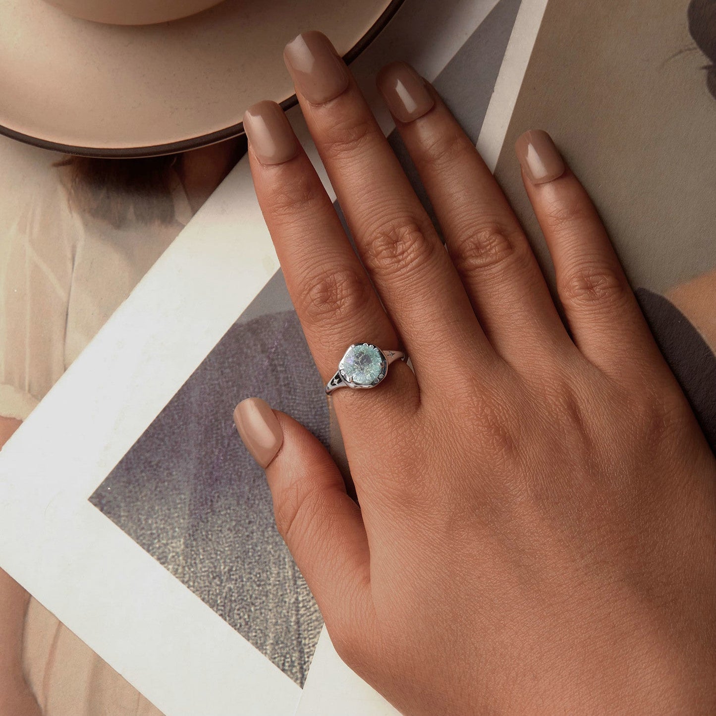 925 Sterling Silver Ring Size 6.0 with 11mm CZ & Transparent Glass for Women