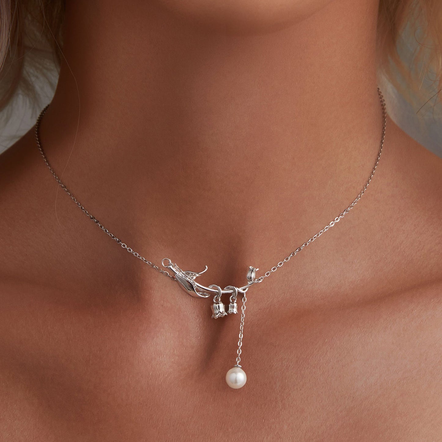 925 Sterling Silver Necklace with Quality Shell Pearl & Platinum Plating, 380mm Length for Women