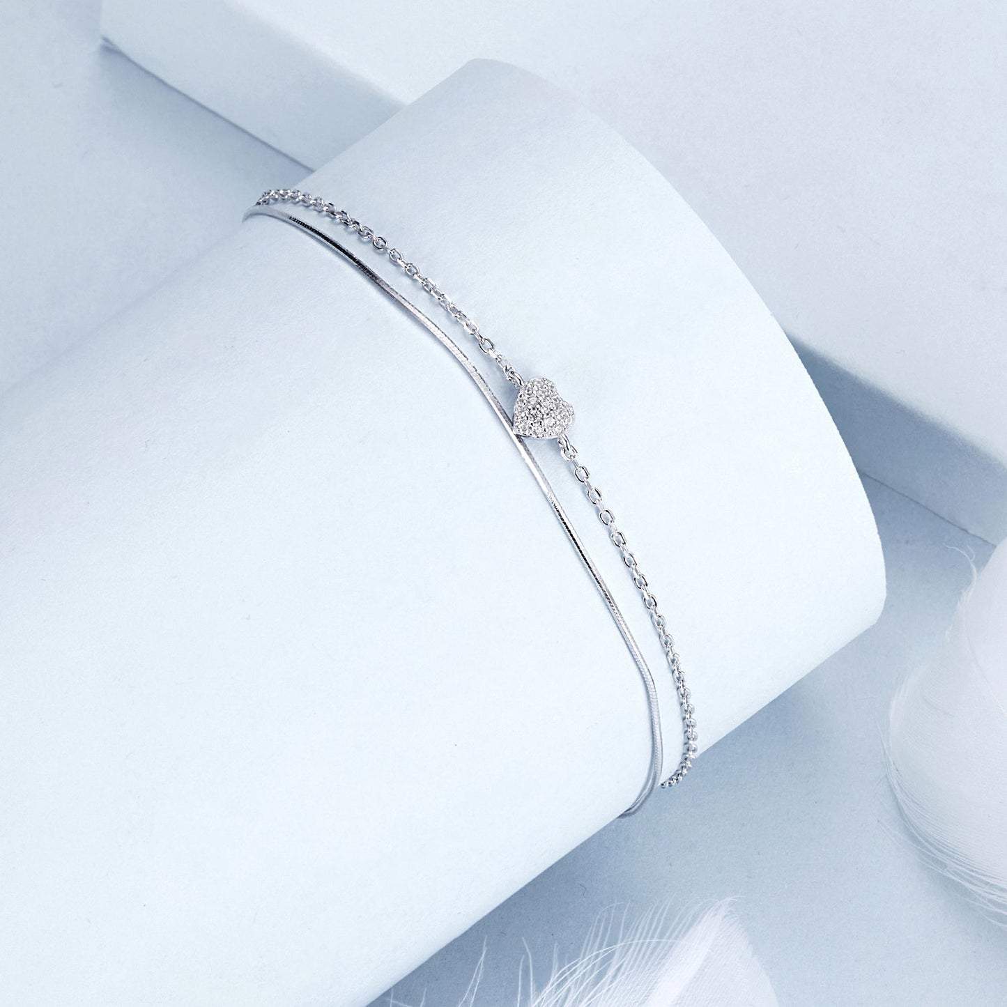 925 Sterling Silver White Gold Plated Heart-Shaped Bracelet with CZ, Length 150+60mm