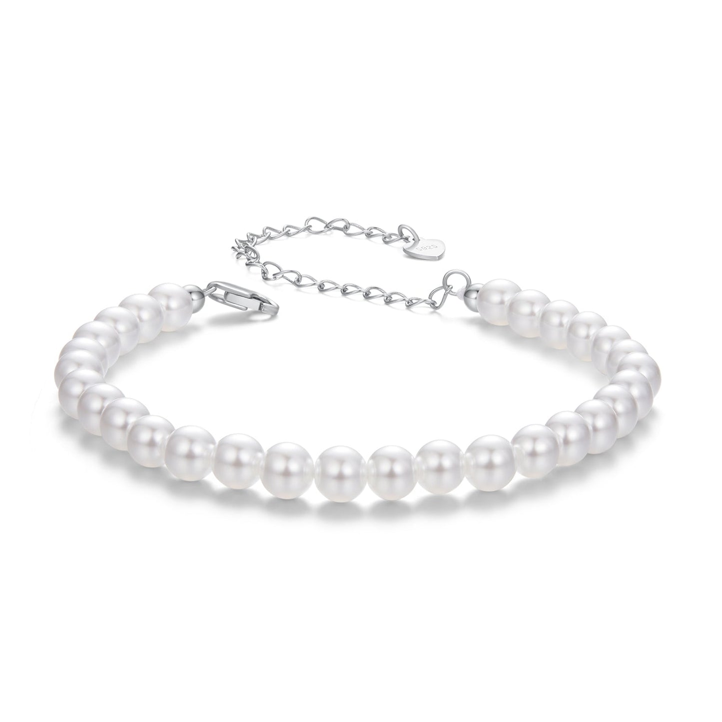 925 Sterling Silver Adjustable White Gold Plated Bracelet with Synthetic Pearl for Women