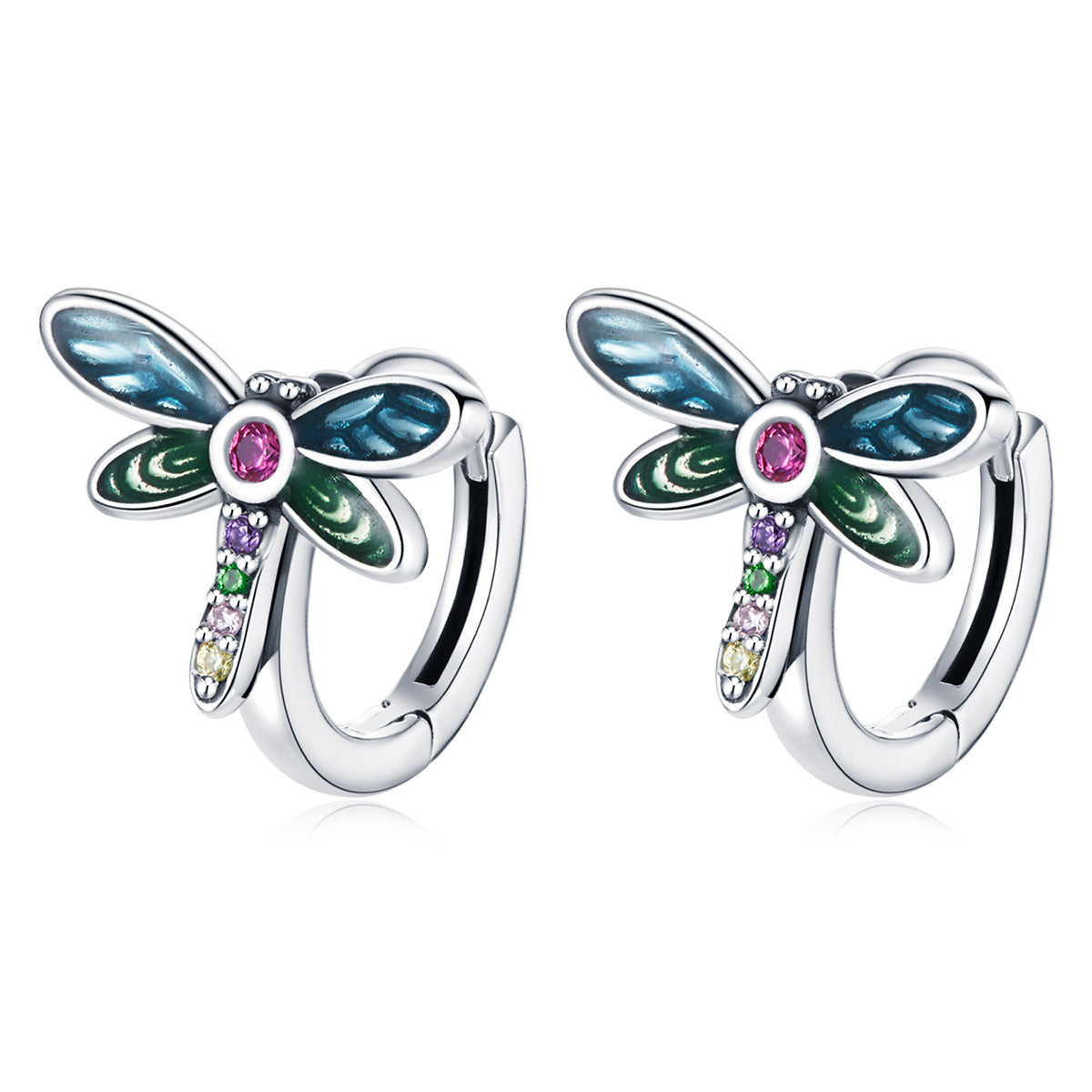 925 Sterling Silver Dragonfly Earrings with CZ and Enamel - 0.9 cm for Women