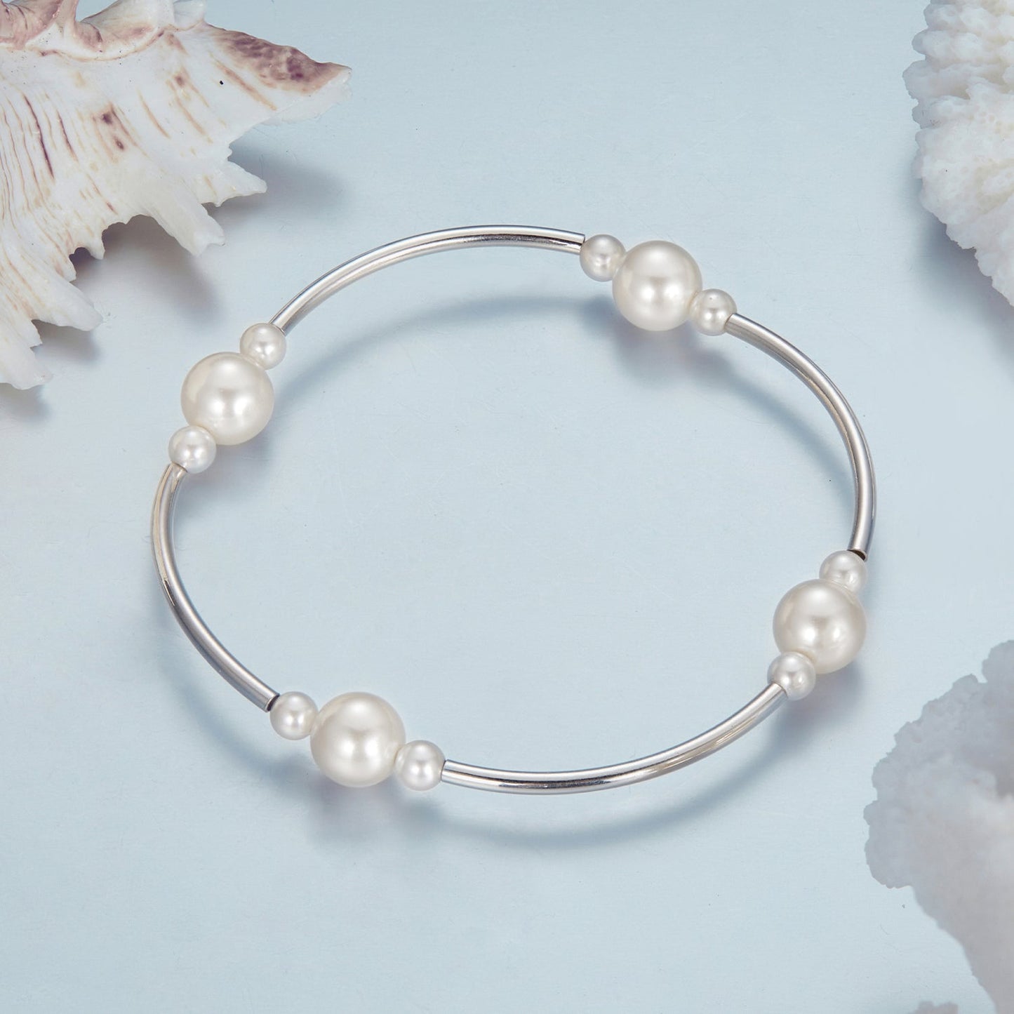 925 Sterling Silver Shell Pearl Stretchable Bracelet for Women