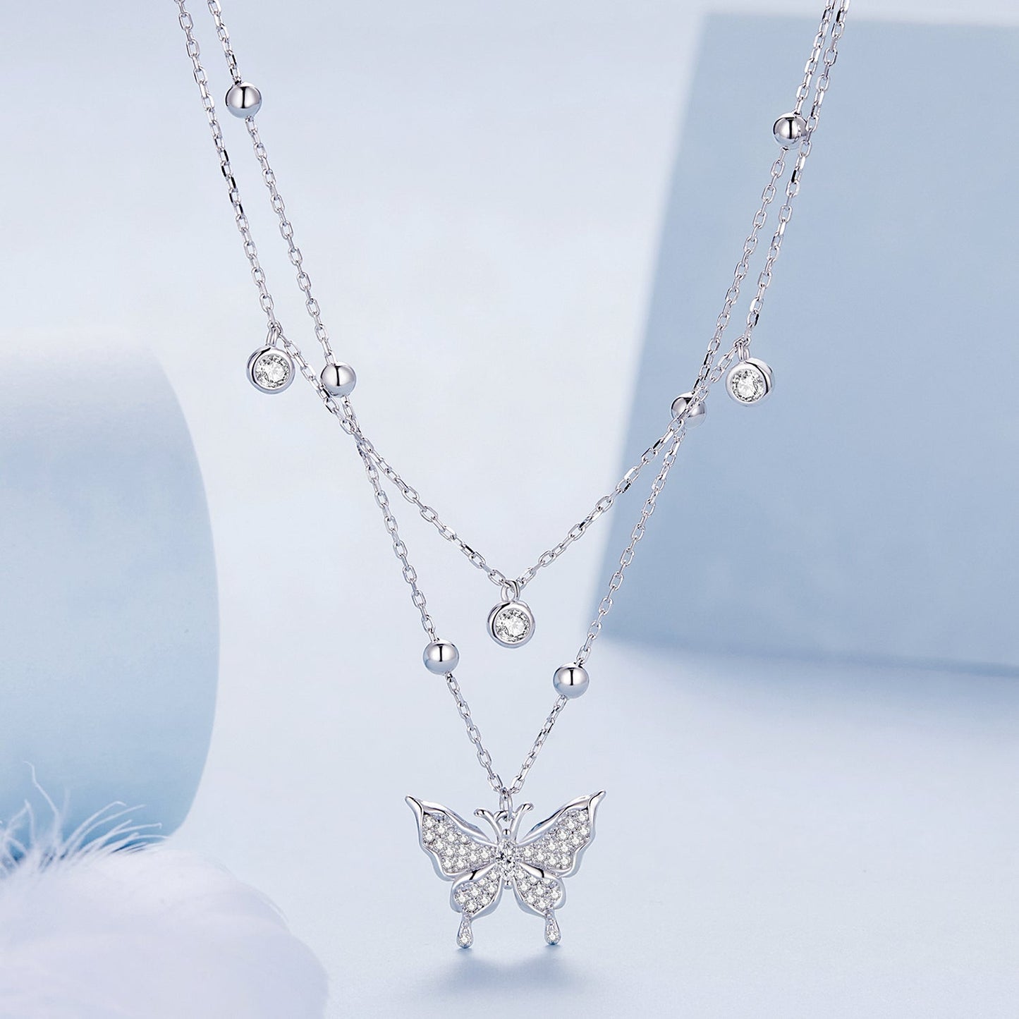 925 Sterling Silver Butterfly Necklace with Pavé Setting CZ, 40cm Length for Women
