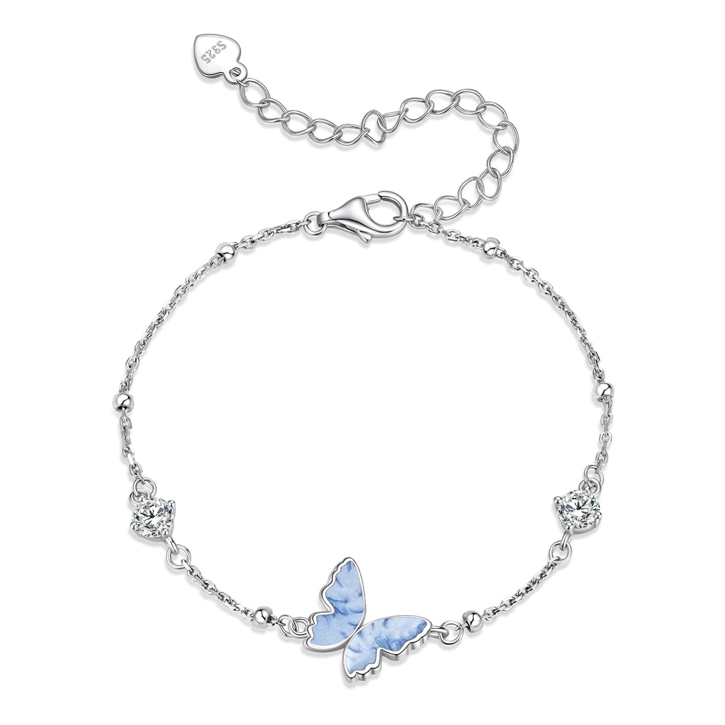 925 Sterling Silver White Gold Plated Bracelet with Enamel and CZ - 15+6cm Length