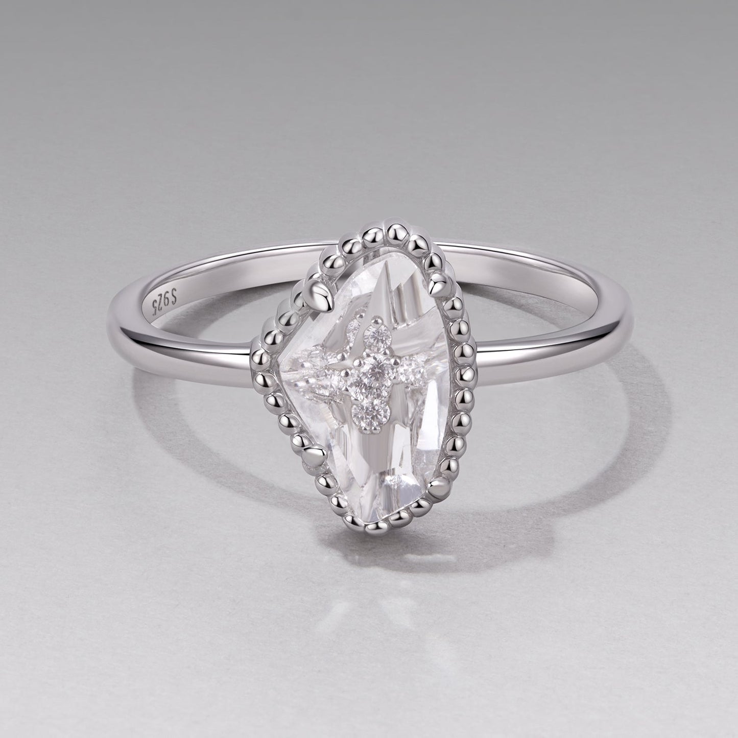925 Sterling Silver Ring with Transparent Glass and CZ, 0.15cm Width, for Women