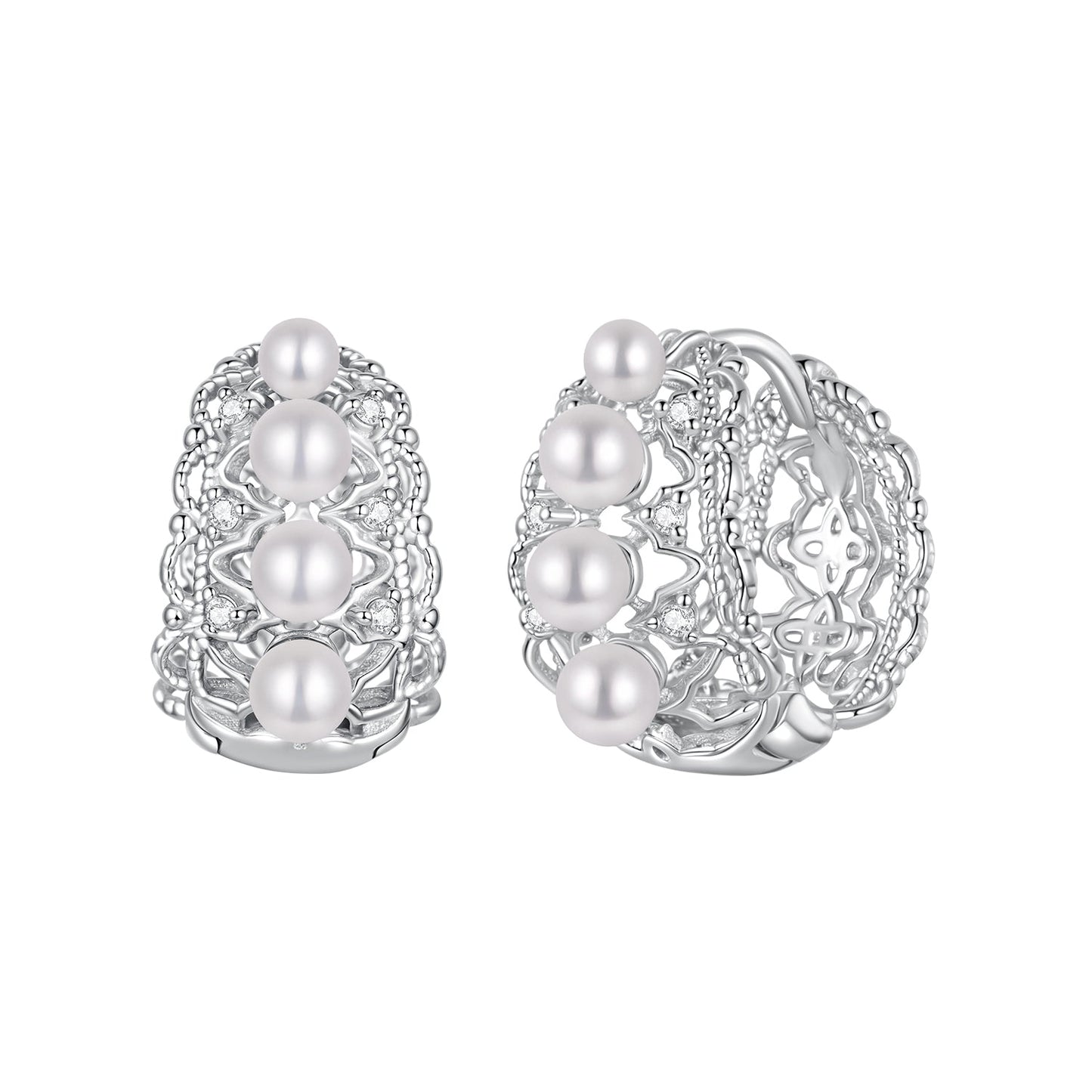 925 Sterling Silver Hoop Earrings with Synthetic Pearl and CZ, 1.1cm for Women