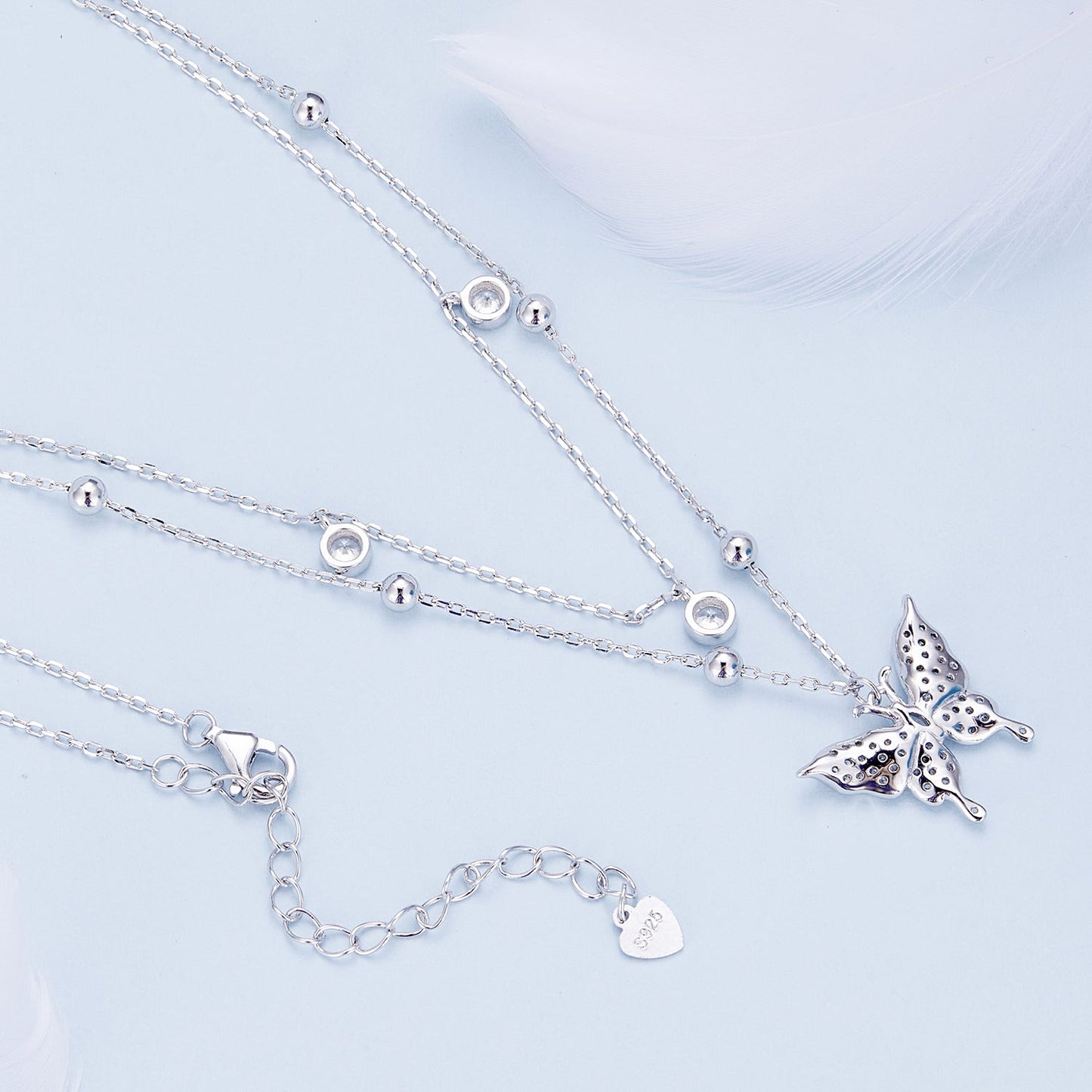 925 Sterling Silver Butterfly Necklace with Pavé Setting CZ, 40cm Length for Women