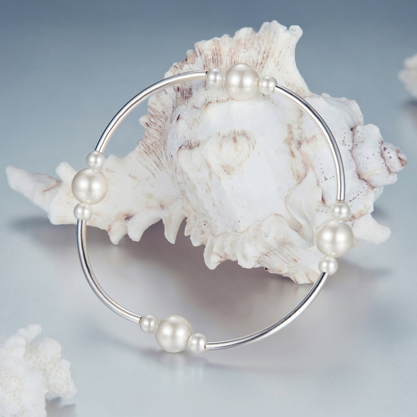 925 Sterling Silver Shell Pearl Stretchable Bracelet for Women