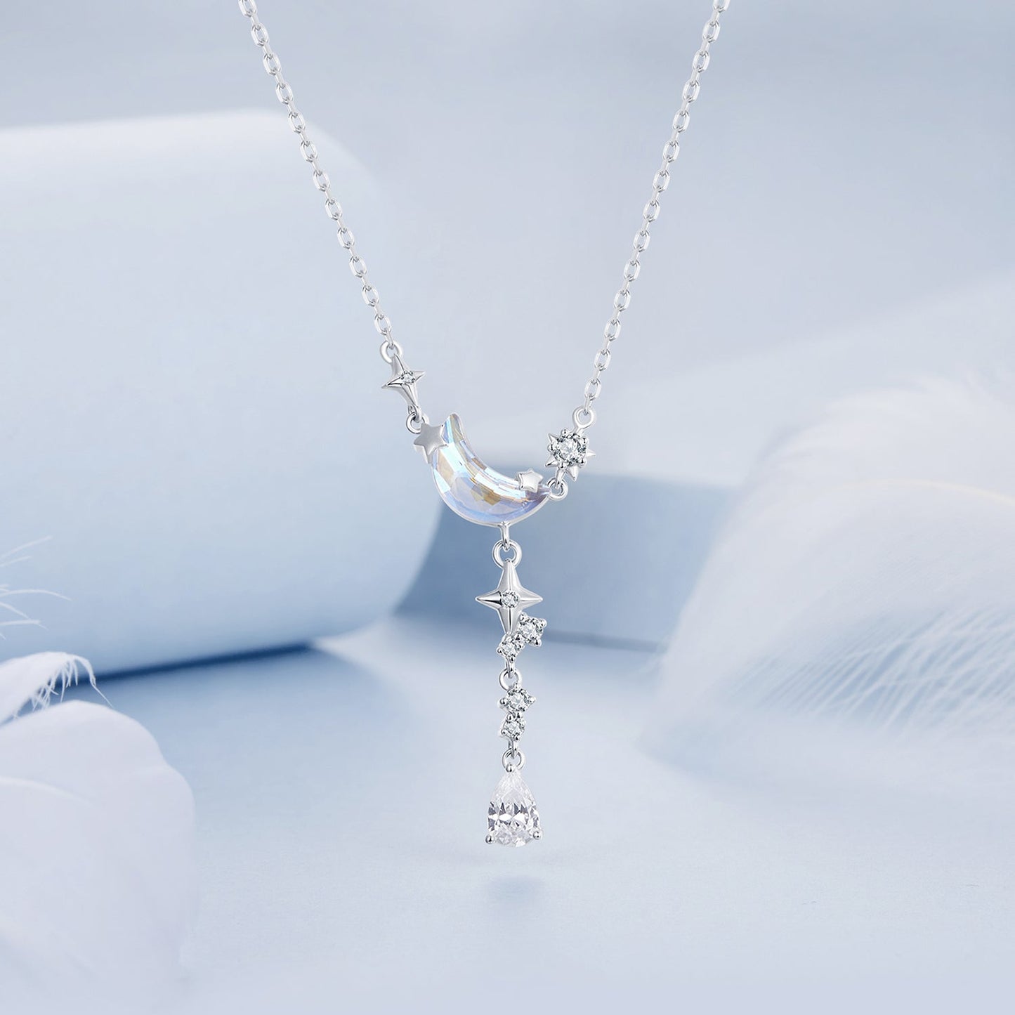 925 Sterling Silver Pendant Necklace with CZ and Transparent Glass for Women