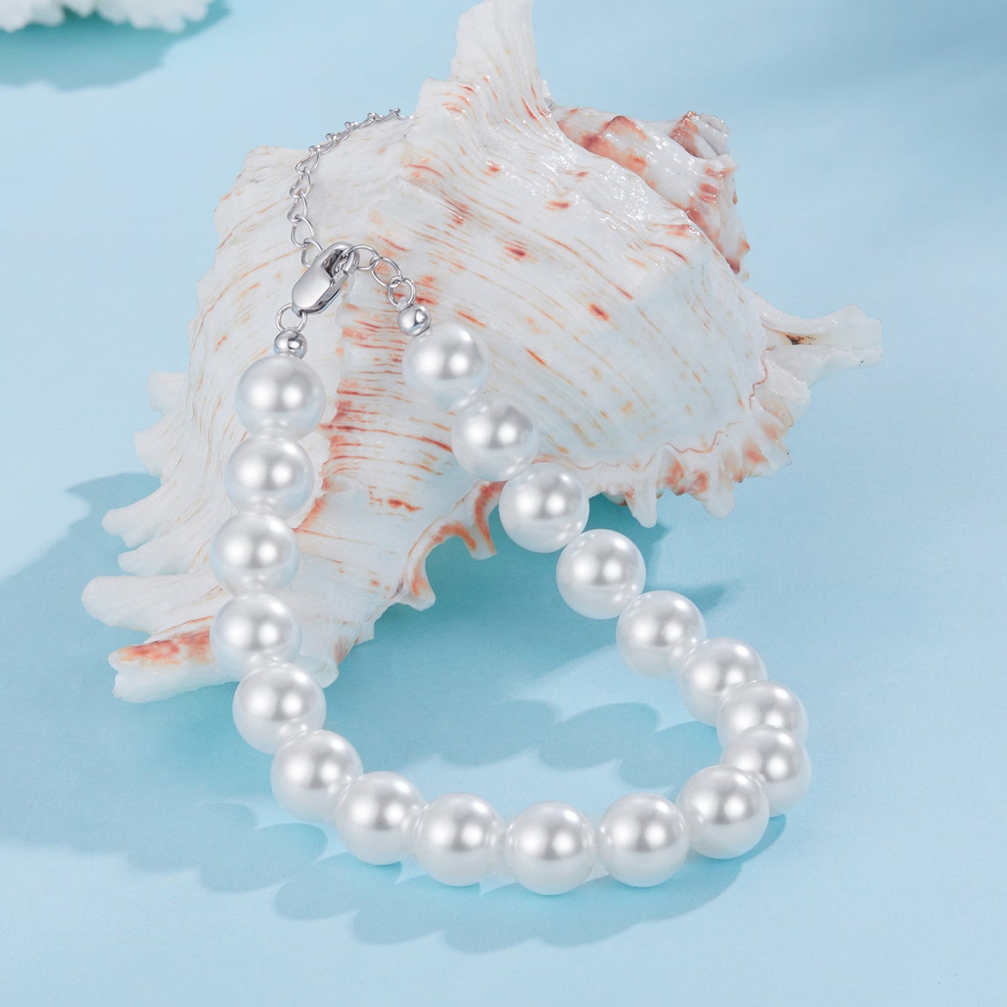 925 Sterling Silver Adjustable White Gold Plated Bracelet with Synthetic Pearl for Women