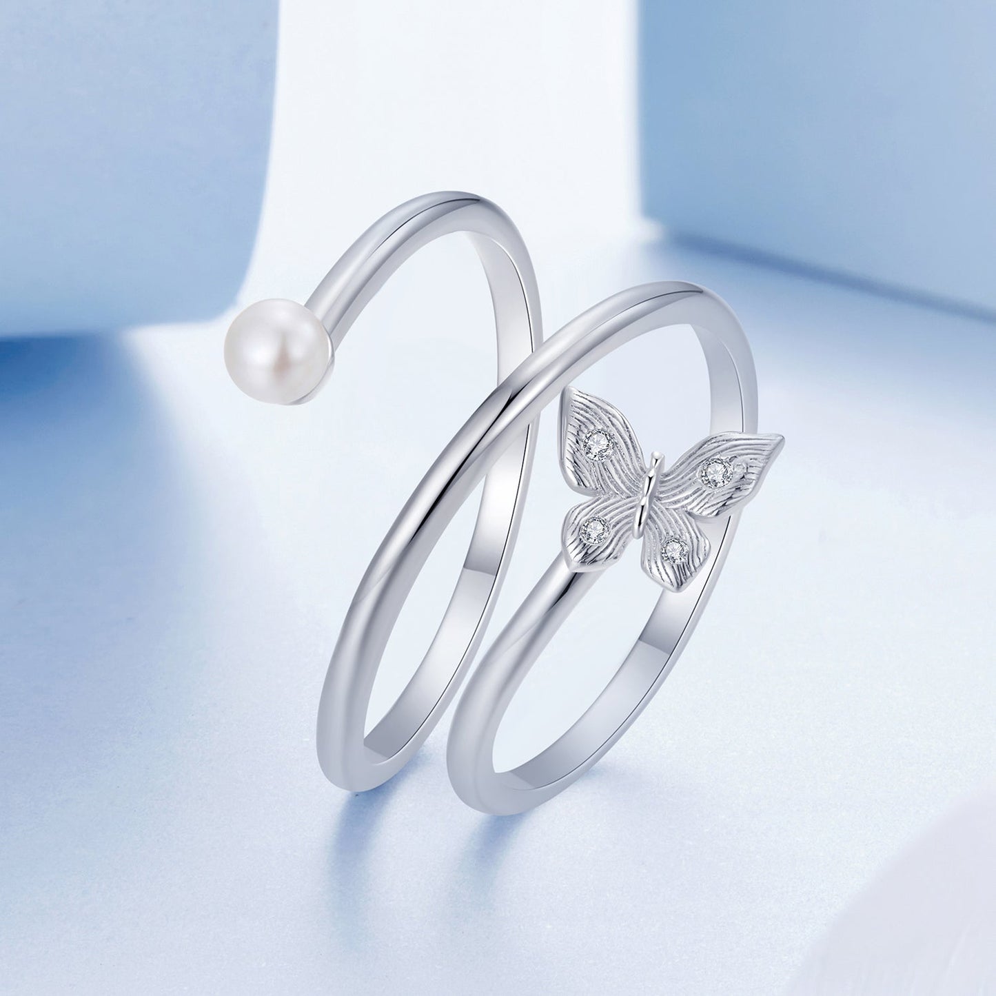 925 Sterling Silver & White Gold Plated Pave Setting CZ & Natural Pearl Ring for Women