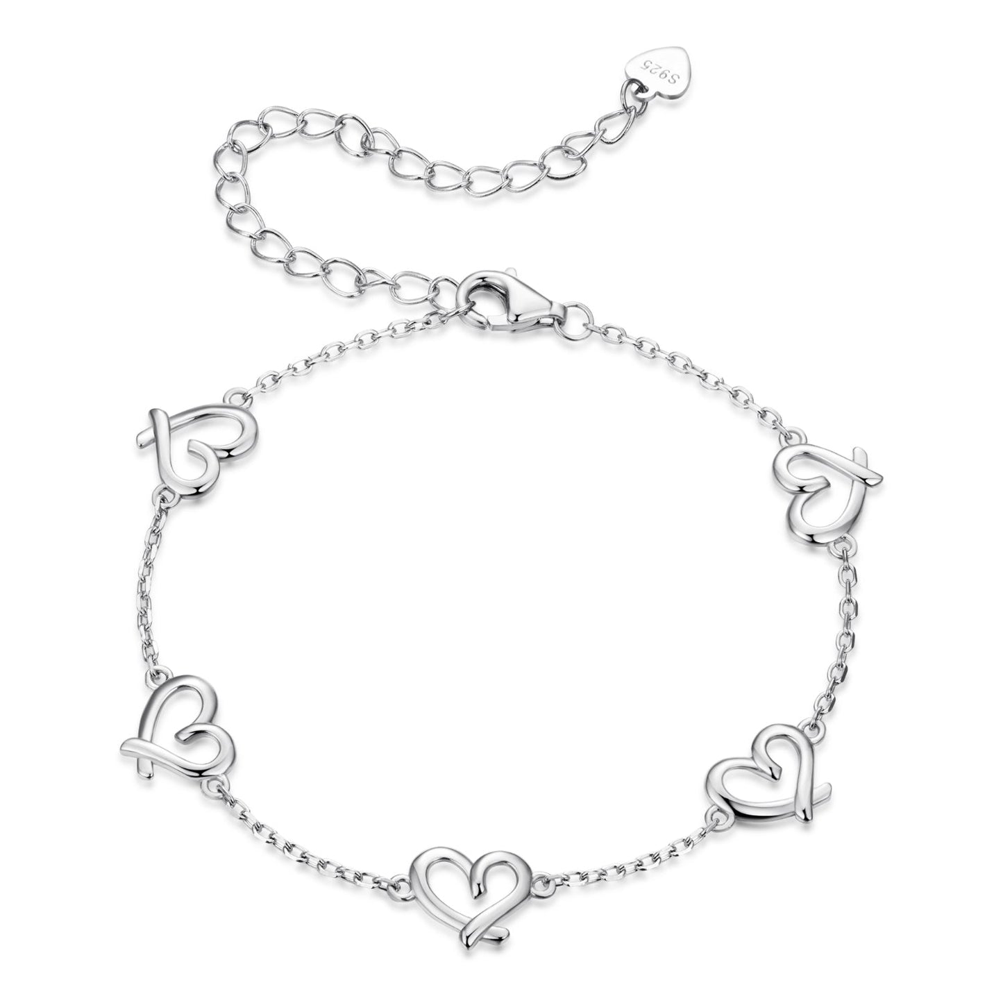 925 Sterling Silver 15+6cm 0.8cm Heart White Gold Plated Bracelet for Women