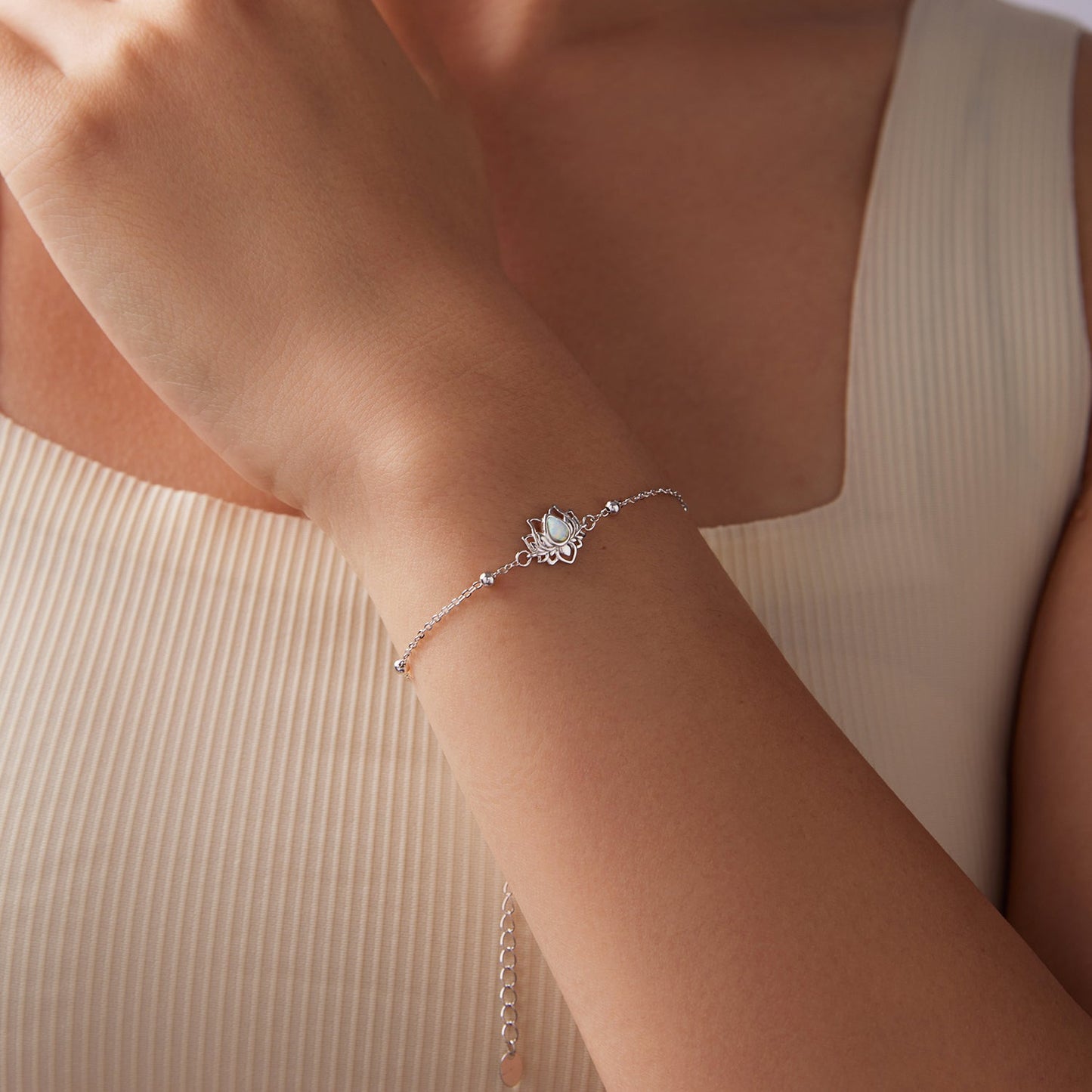 925 Sterling Silver White Gold Plated Bracelet with Synthetic Opal - Length 15+6cm for Women