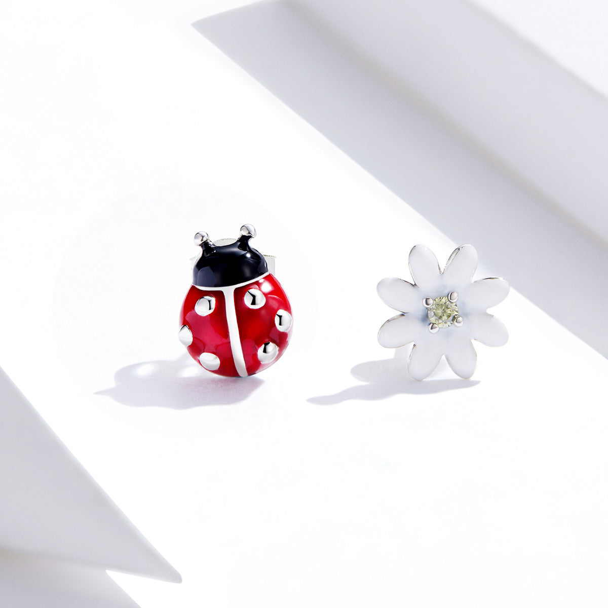 925 Sterling Silver Earrings with Enamel - Bug 1.0 x 0.8 cm, Flower 0.9 x 0.9 cm - Women