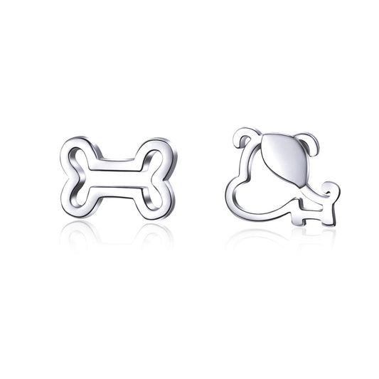 925 Sterling Silver Earrings for Women, 0.5-0.6cm, Bone and Dog Design, Platinum Plated